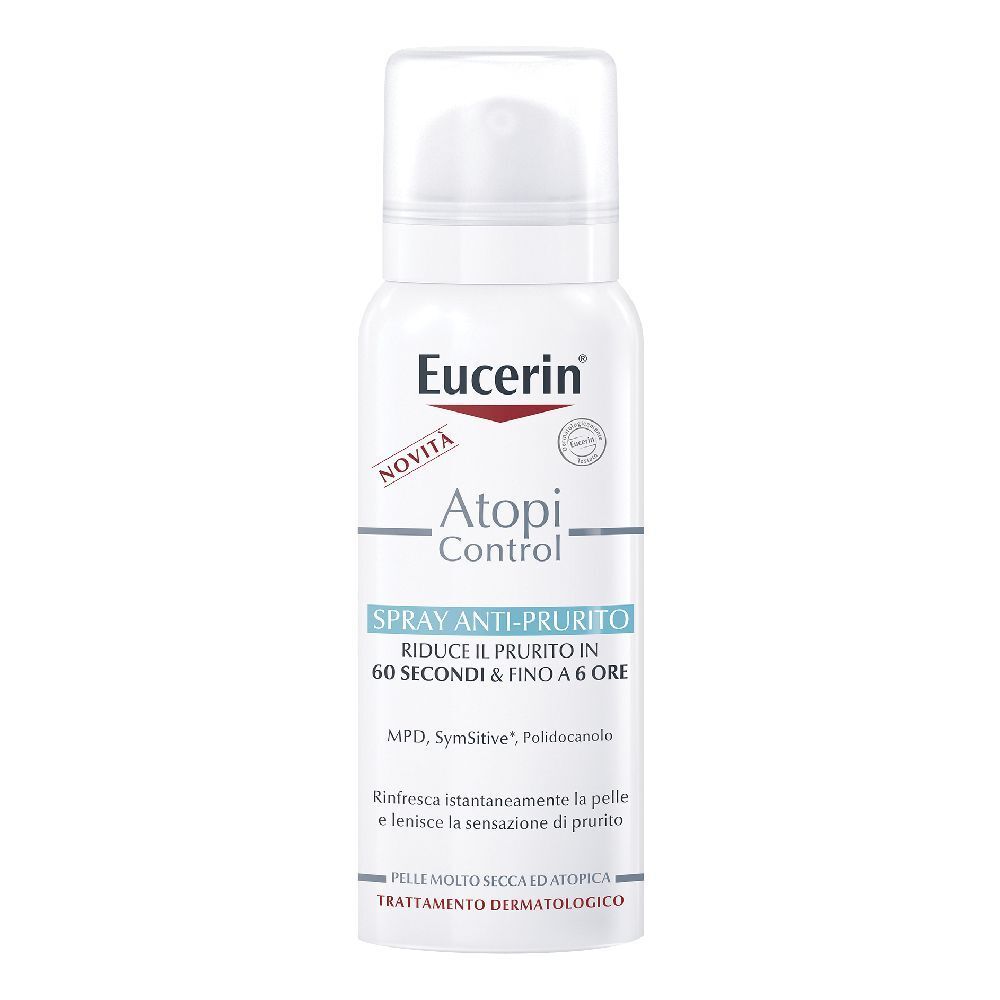 Eucerin AtopiControl Spray anti-prurito. Flacone bianco con erogatore. Riduce il prurito in 60 secondi.