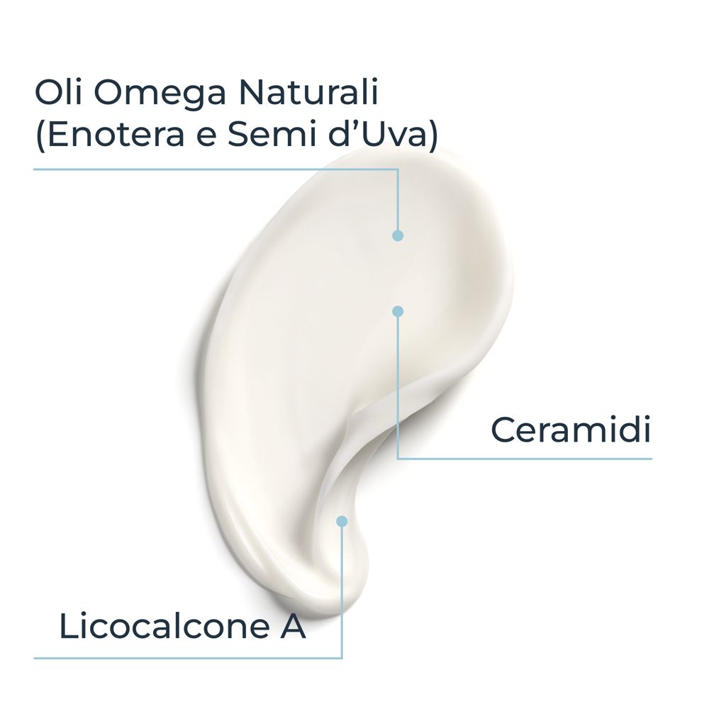 Primo piano di una crema. Testo: Oli Omega, Ceramidi, Licochalcone A.