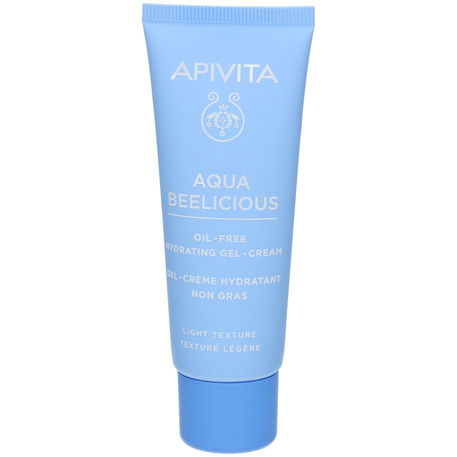 Tubo blu chiaro. Scritta: APIVITA Aqua Beelicious. Gel-crema idratante oil-free. Texture leggera. 40ml/1.35 fl. oz.