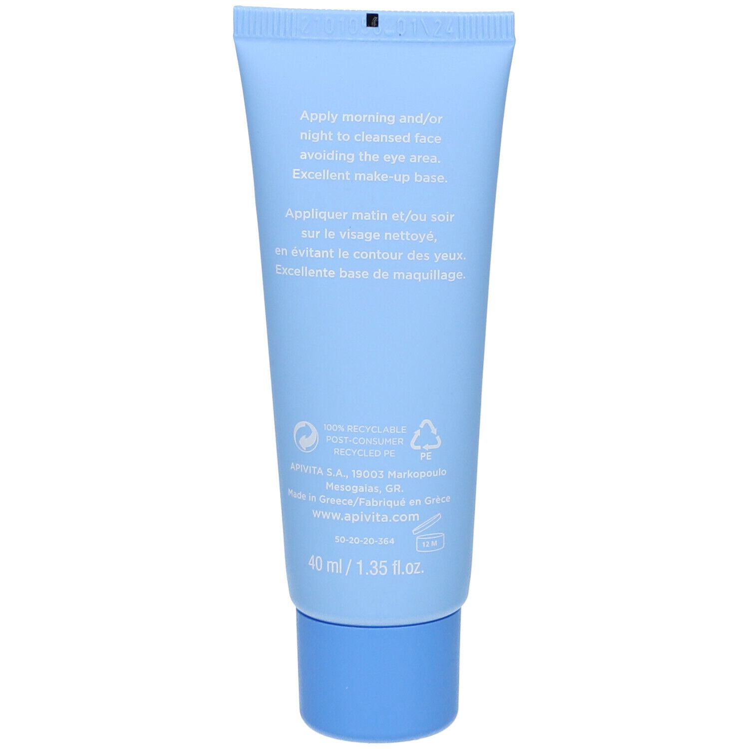 Retro del tubo. Scritta: APIVITA Aqua Beelicious. Istruzioni per l'uso. 40 ml/1.35 fl. oz. Non riciclabile.