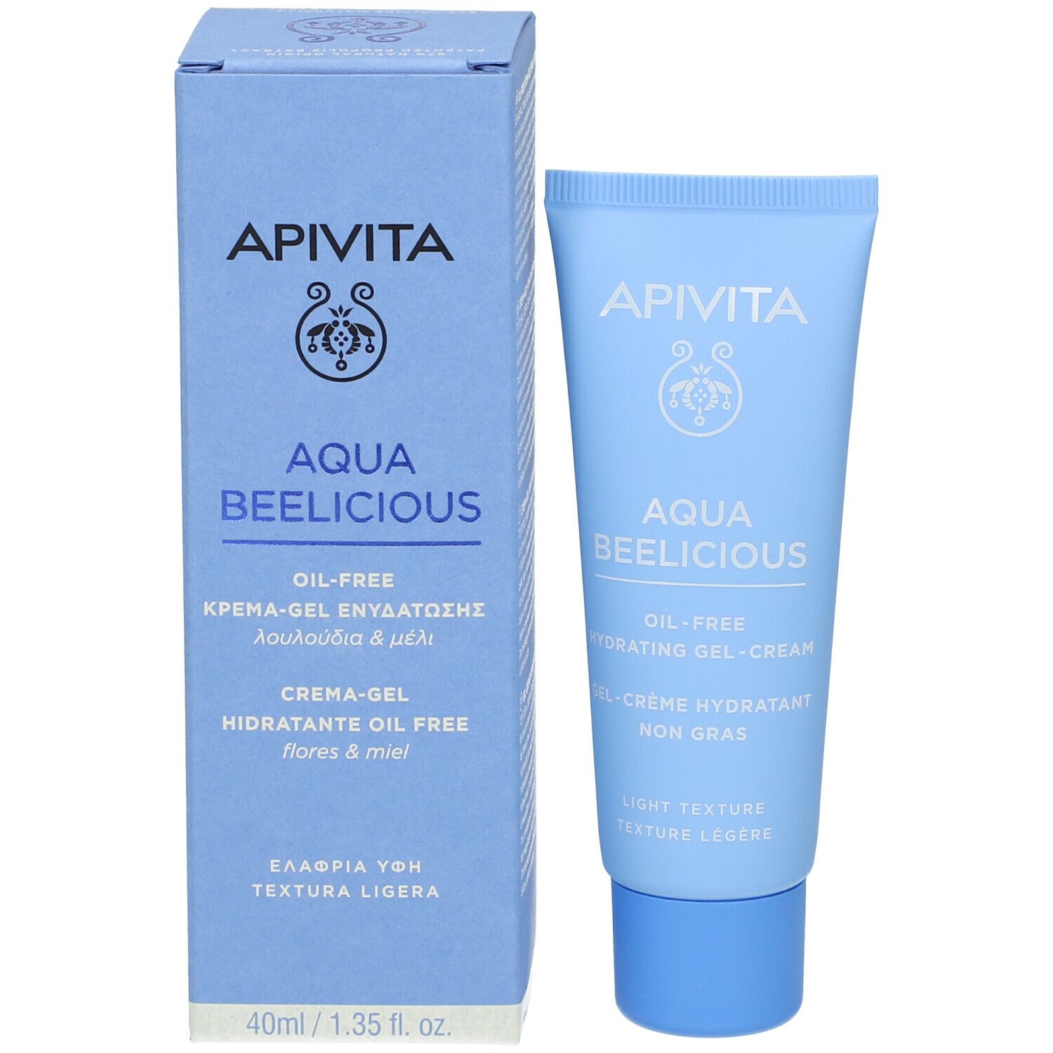 Tubo e confezione. Scritta: APIVITA Aqua Beelicious. Gel-crema idratante oil-free. 40ml/1.35 fl. oz.