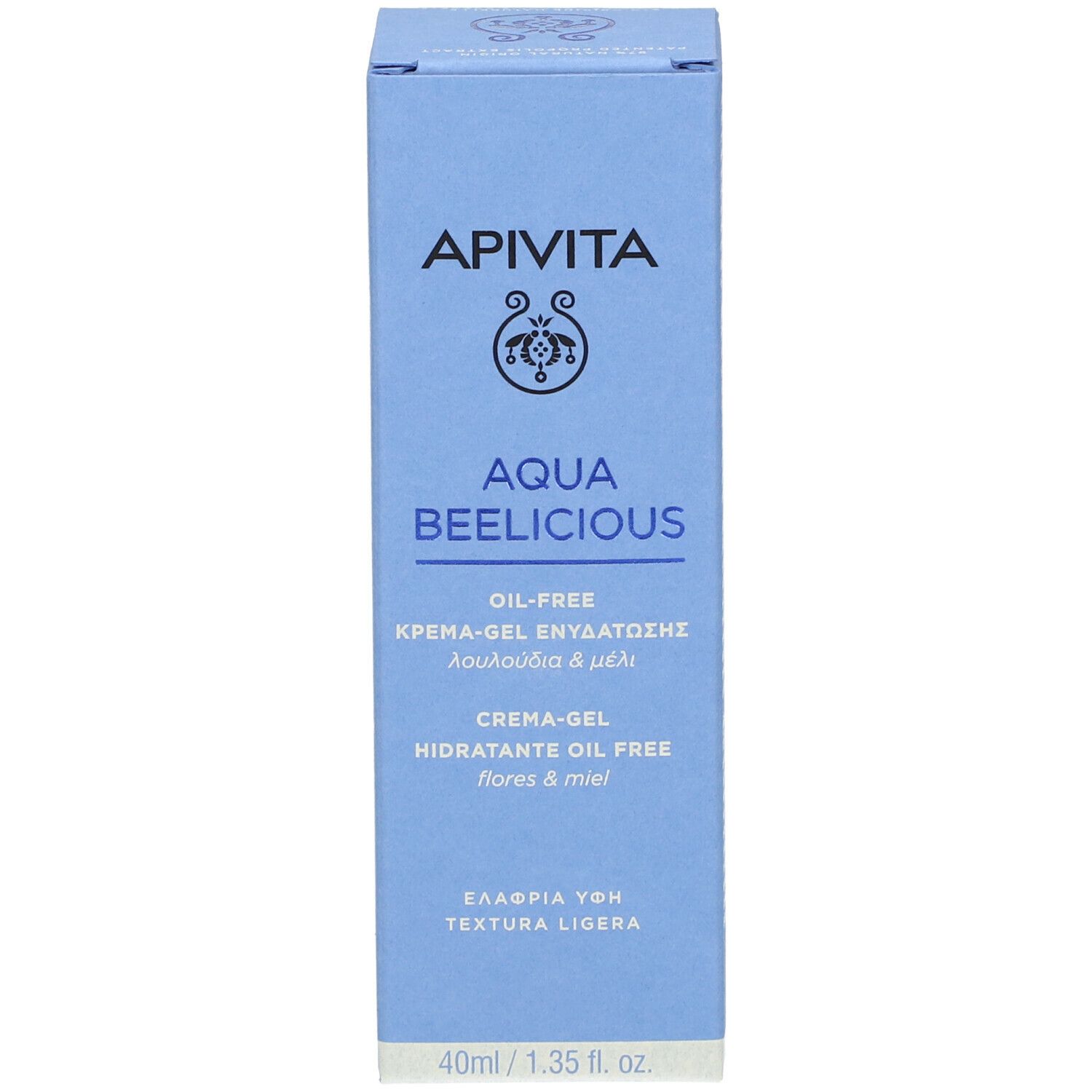 Confezione. Scritta: APIVITA Aqua Beelicious. Gel-crema idratante oil-free. 40ml/1.35 fl. oz.