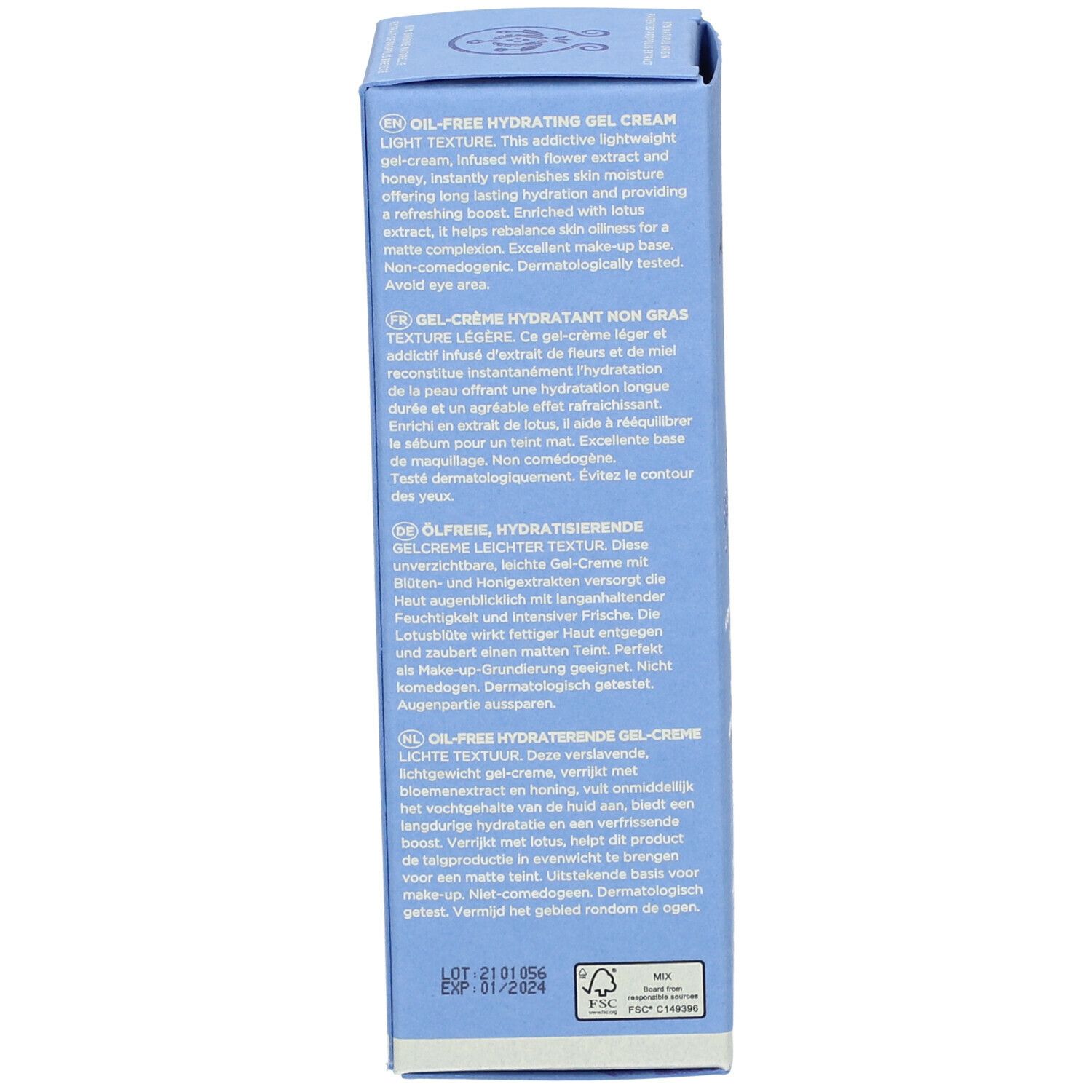 Confezione. Testo in inglese, francese, tedesco e olandese. Scritta: APIVITA Aqua Beelicious. Utilizzo.