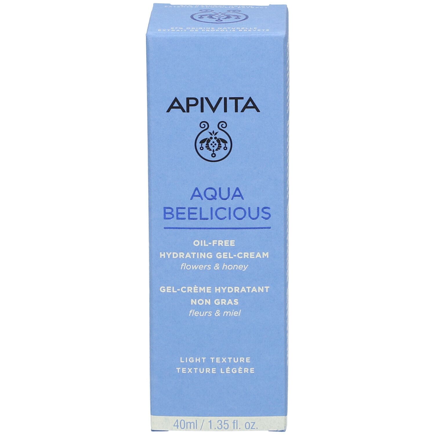 Confezione. Scritta: APIVITA Aqua Beelicious. Gel-crema idratante oil-free. 40ml/1.35 fl. oz.