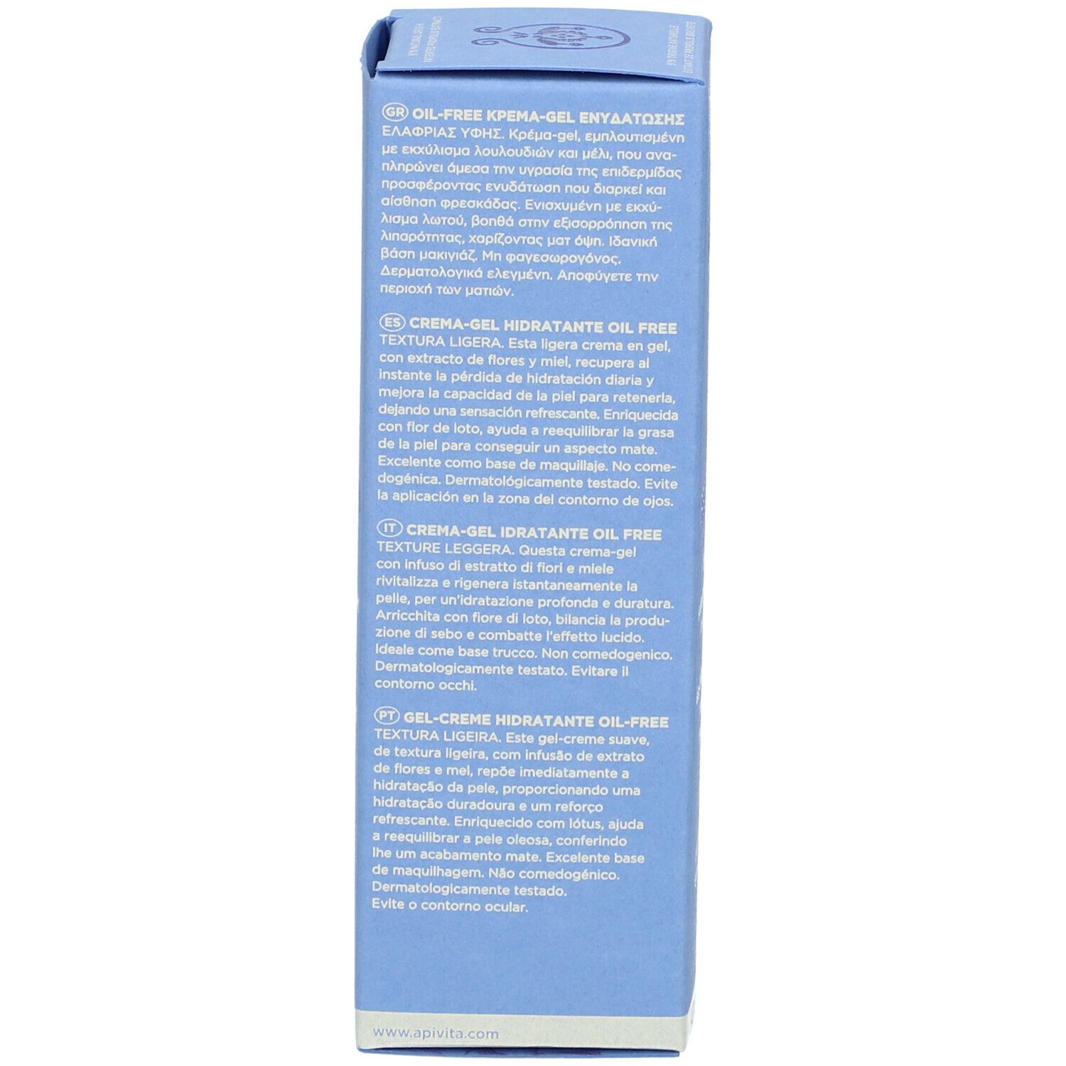 Confezione. Testo in inglese, francese, tedesco, olandese, greco. Scritta: APIVITA Aqua Beelicious. Utilizzo.