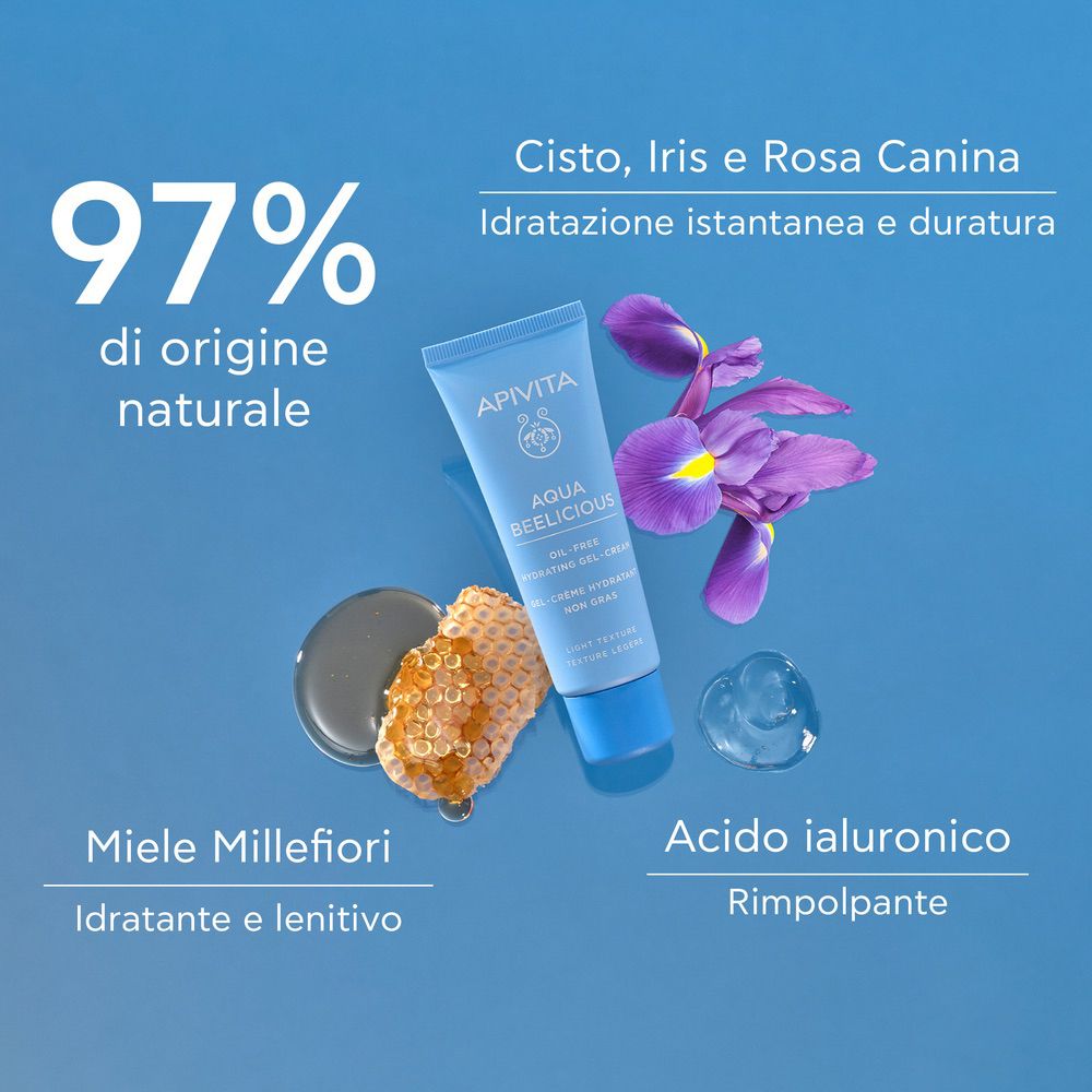 Tubo, favo, fiori e scritte ingredienti. Scritta: APIVITA Aqua Beelicious. 97% di origine naturale.