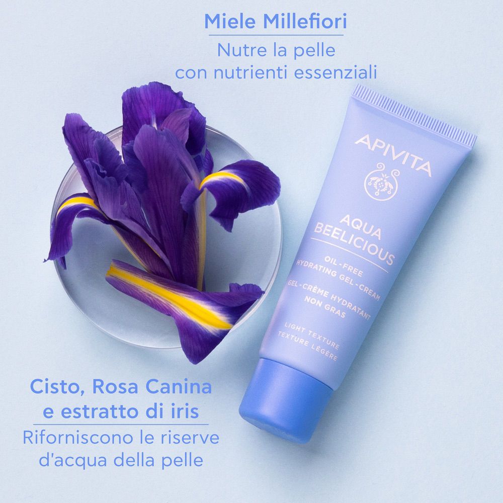 Tubo, fiori e scritte ingredienti. Scritta: APIVITA Aqua Beelicious. Gel-crema idratante oil-free.