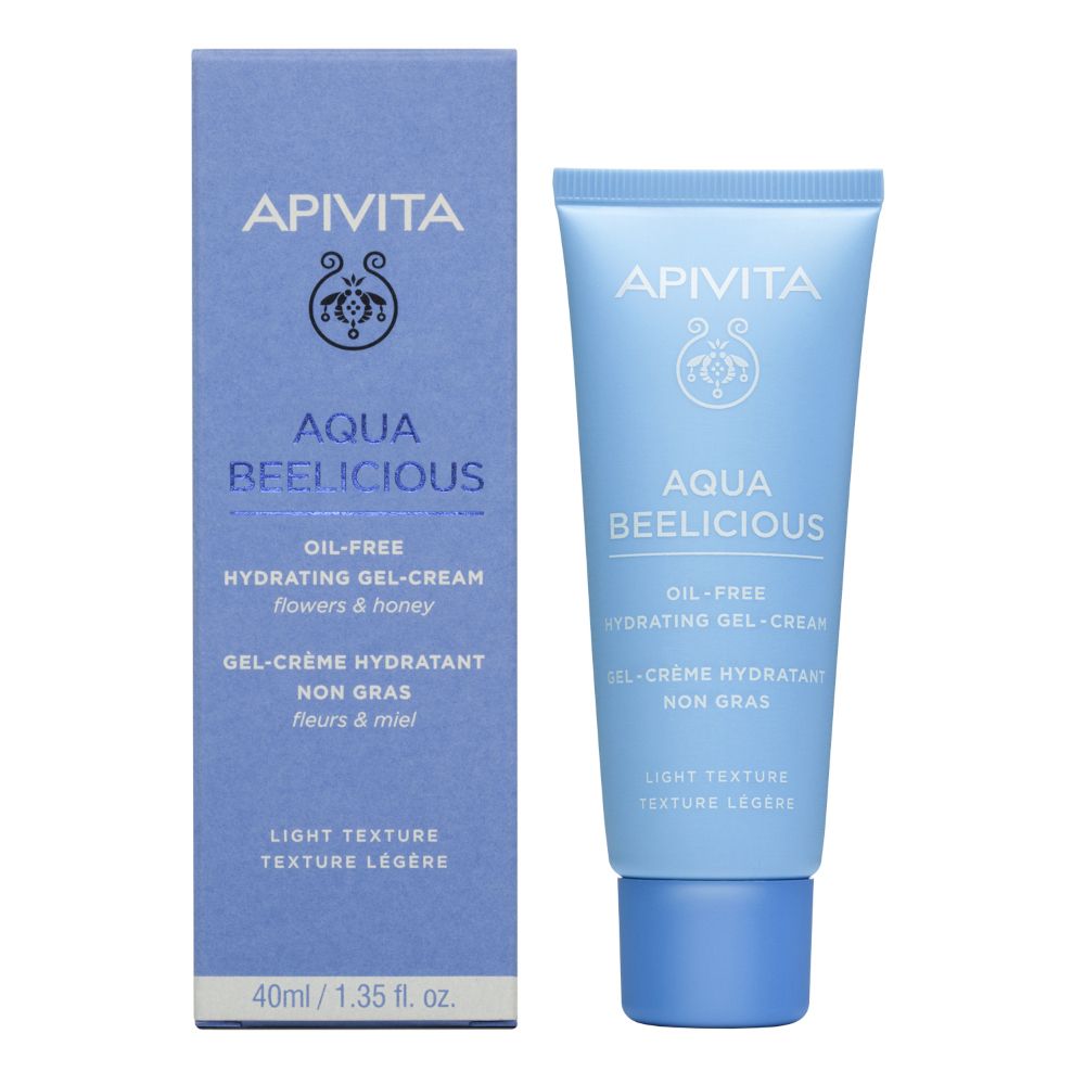 Tubo e confezione. Scritta: APIVITA Aqua Beelicious. Gel-crema idratante oil-free. 40ml/1.35 fl. oz.