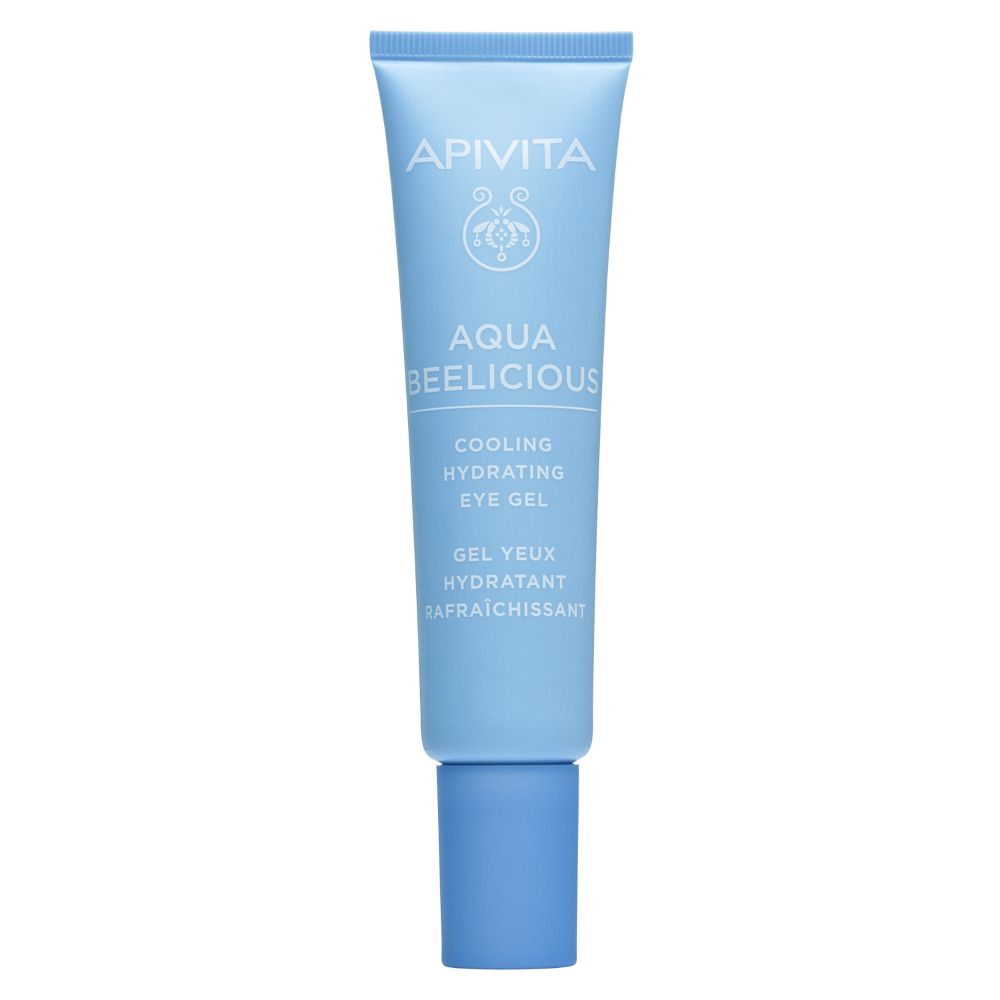 Tubo azzurro con scritta bianca: APIVITA AQUA BEELICIOUS Cooling Hydrating Eye Gel. Tappo blu.