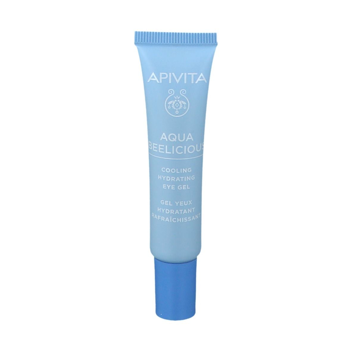 Tubo azzurro con scritta bianca: APIVITA AQUA BEELICIOUS Cooling Hydrating Eye Gel. Tappo blu.