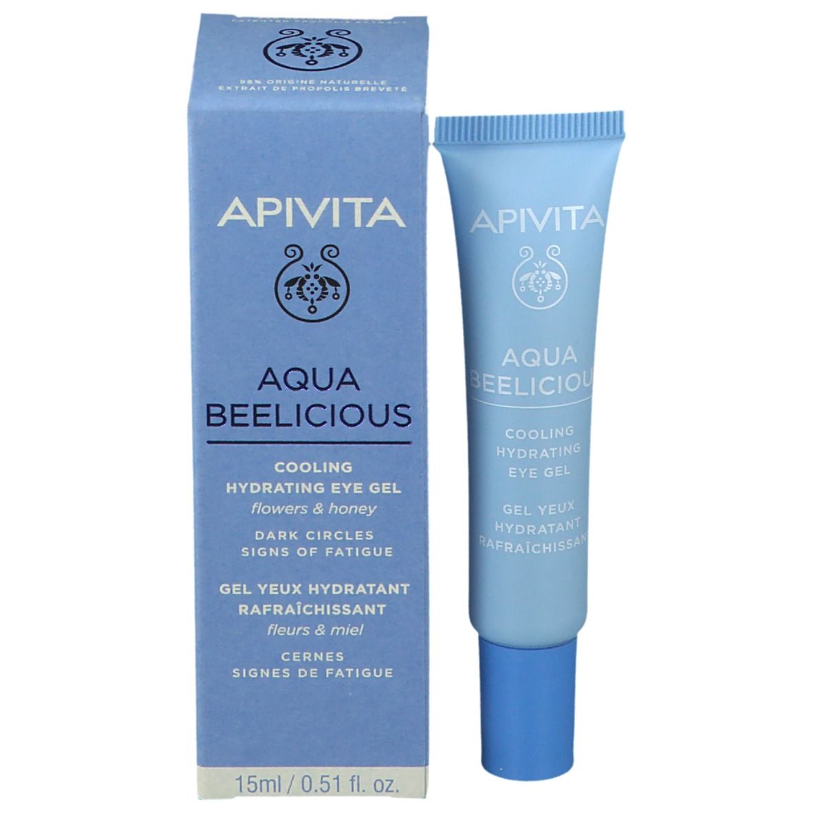 APIVITA AQUA BEELICIOUS Eye Gel e scatola. Testo: Cooling Hydrating Eye Gel. 15ml/0.51 fl. oz.