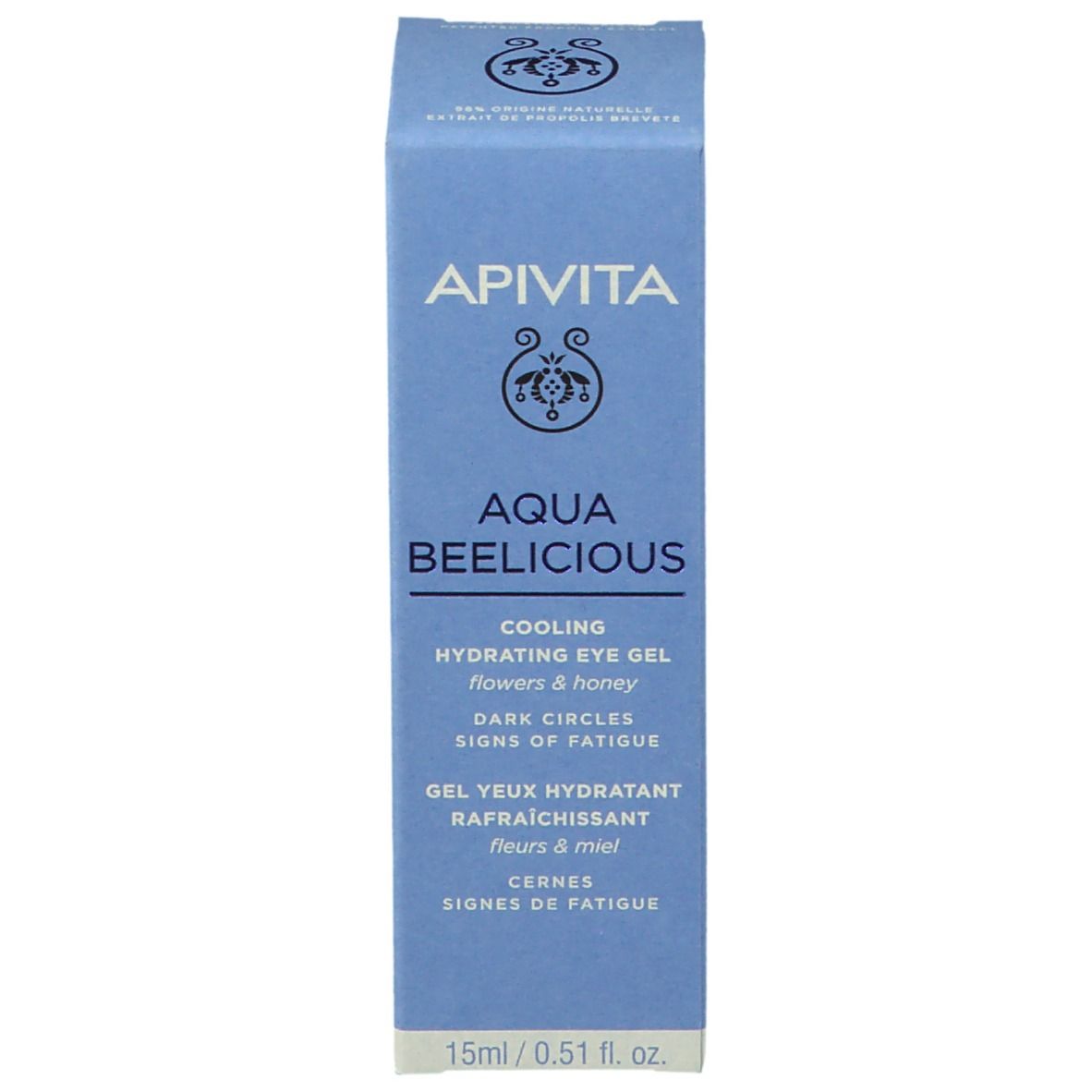 Scatola con testo: APIVITA AQUA BEELICIOUS Cooling Hydrating Eye Gel. 15ml/0.51 fl. oz.