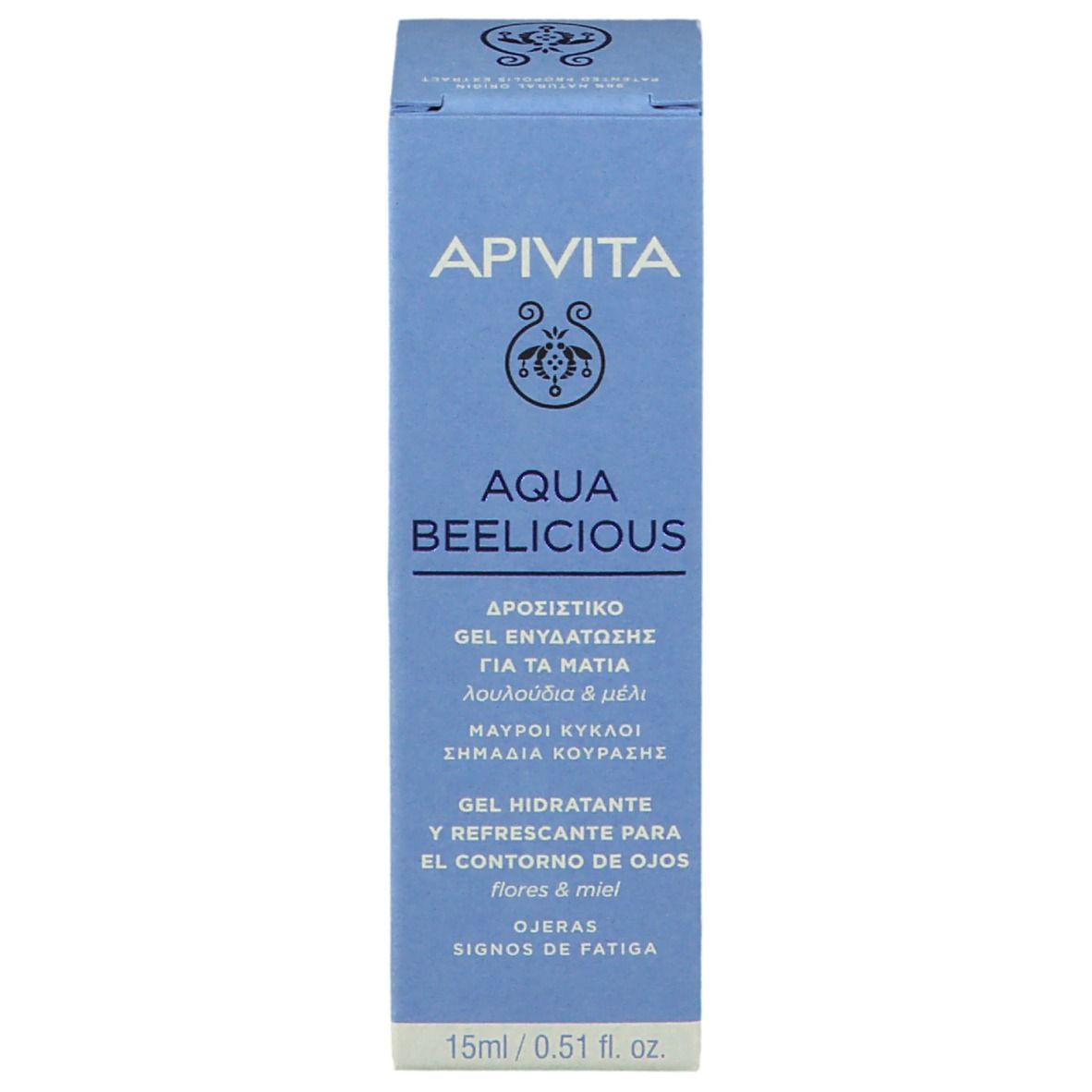 Scatola con testo: APIVITA AQUA BEELICIOUS. Gel per gli occhi. 15ml/0.51 fl. oz.