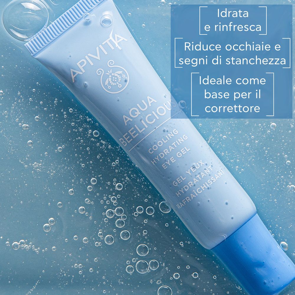 Tubo azzurro APIVITA AQUA BEELICIOUS Eye Gel in acqua. Testo: Idratata e rinfresca. Riduce le occhiaie.
