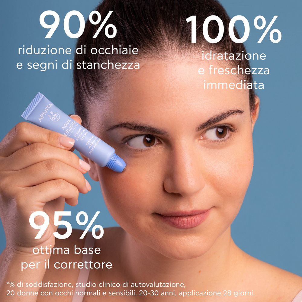 Donna con crema occhi. Testo: 90% riduzione occhiaie. 100% idratazione immediata. 95% base ottimale.