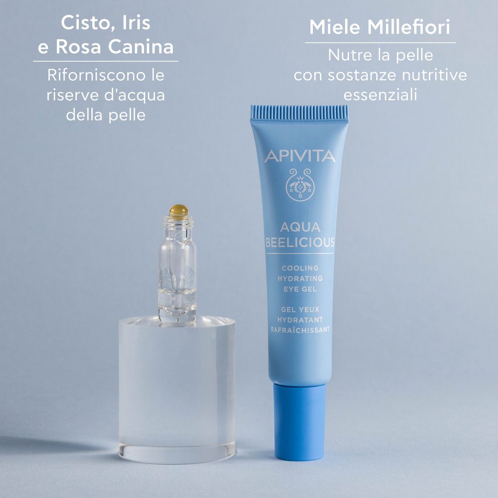 APIVITA AQUA BEELICIOUS Eye Gel e siero. Supporti trasparenti. Testo: Cisto, Iris e Rosa Canina.