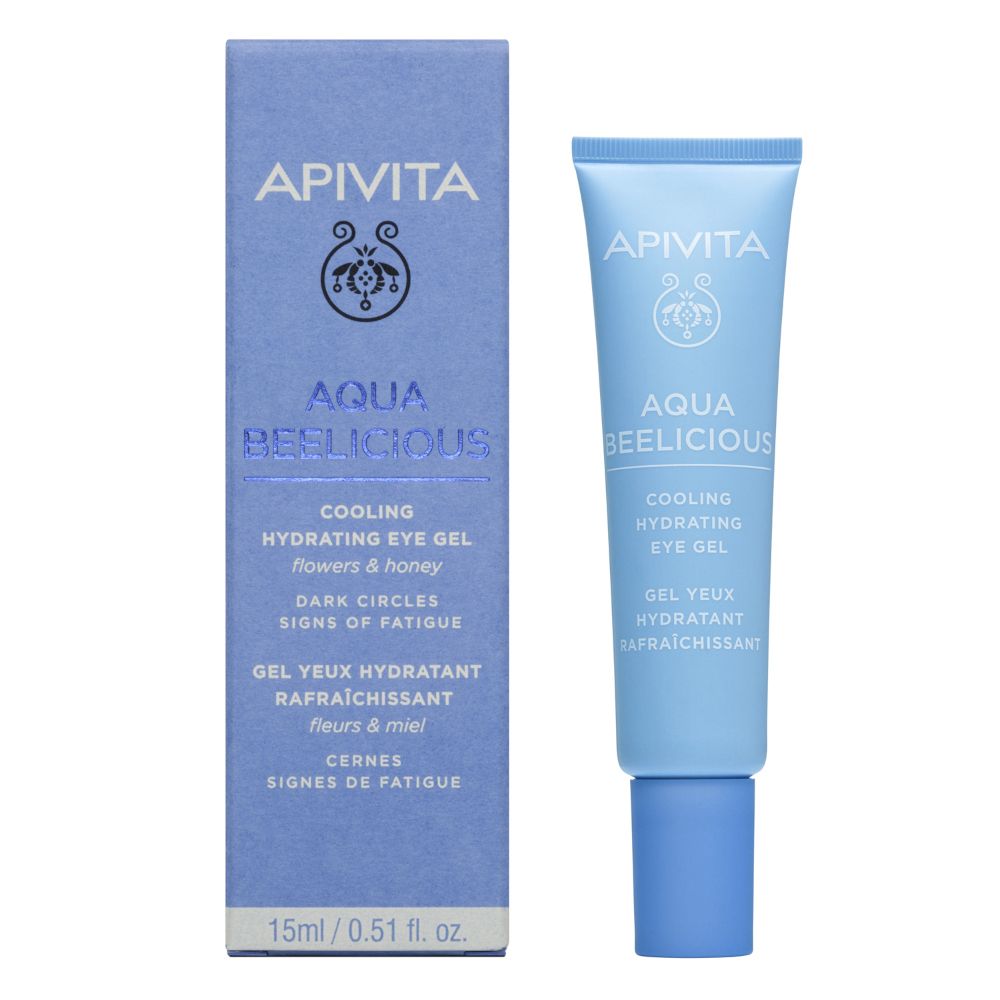 APIVITA AQUA BEELICIOUS Eye Gel e scatola. Testo: Cooling Hydrating Eye Gel. 15ml/0.51 fl. oz.