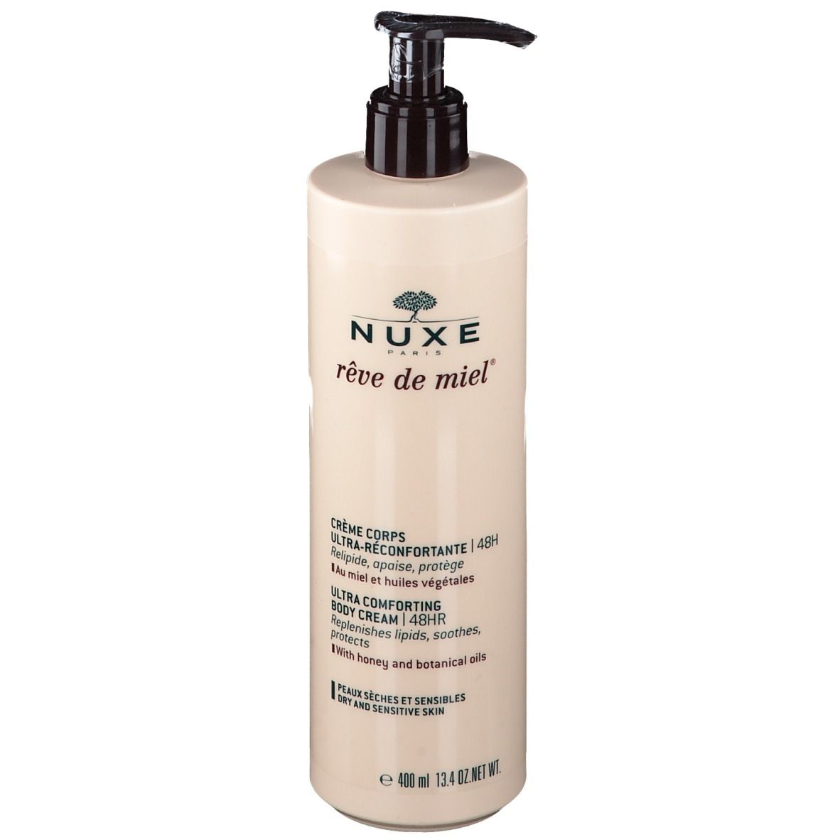 Flacone crema corpo beige con dosatore nero. Scritta: NUXE, Rêve de Miel, Ultra-Comfort Body Cream 48H. Per pelli secche.