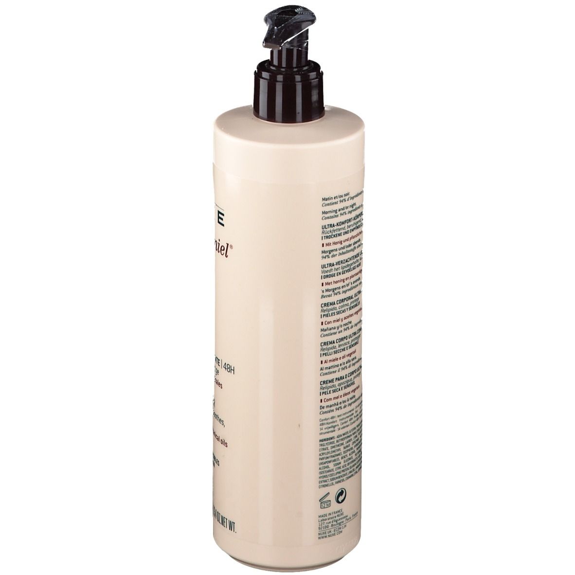Flacone crema corpo beige con dosatore nero. Scritta: NUXE, Rêve de Miel, Ultra-Comfort Body Cream 48H. Retro con testo.