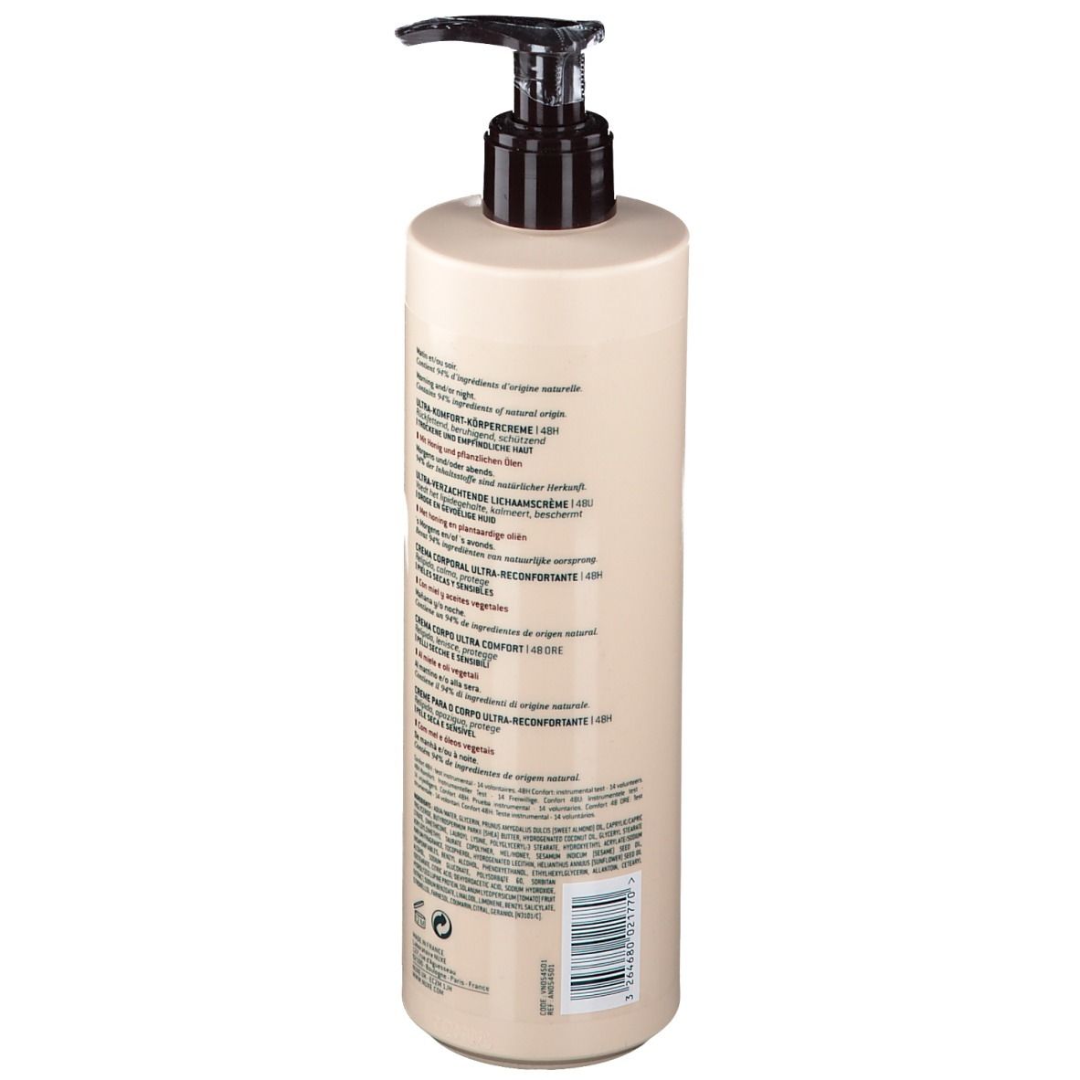 Flacone crema corpo beige con dosatore nero. Scritta: NUXE, Rêve de Miel, Ultra-Comfort Body Cream 48H. Retro con testo.