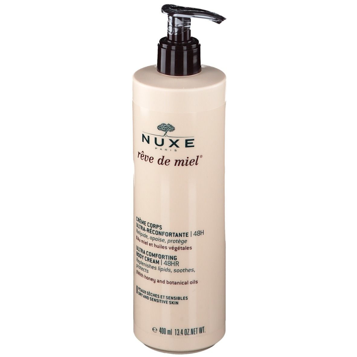 Flacone crema corpo beige con dosatore nero. Scritta: NUXE, Rêve de Miel, Ultra-Comfort Body Cream 48H. Per pelli secche.