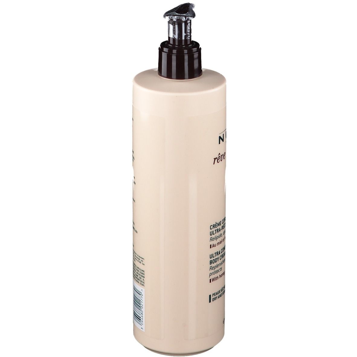 Flacone crema corpo beige con dosatore nero. Scritta: NUXE, Rêve de Miel, Ultra-Comfort Body Cream 48H. Retro con testo.