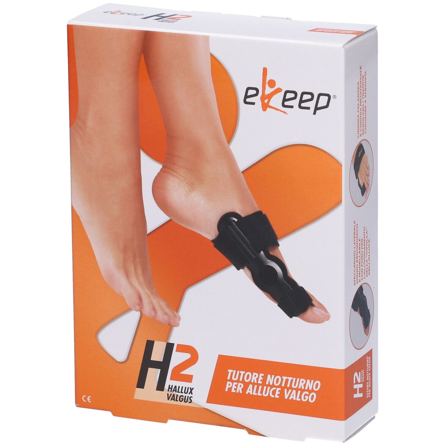 Confezione di Ekeep H2 Hallux Valgus Tutore Notturno. Sulla confezione è raffigurato un piede con il prodotto.