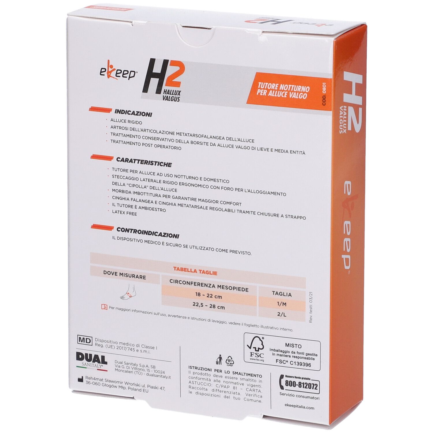 Retro della confezione Ekeep H2 Hallux Valgus Tutore Notturno. Informazioni testuali e tabella taglie visibili.