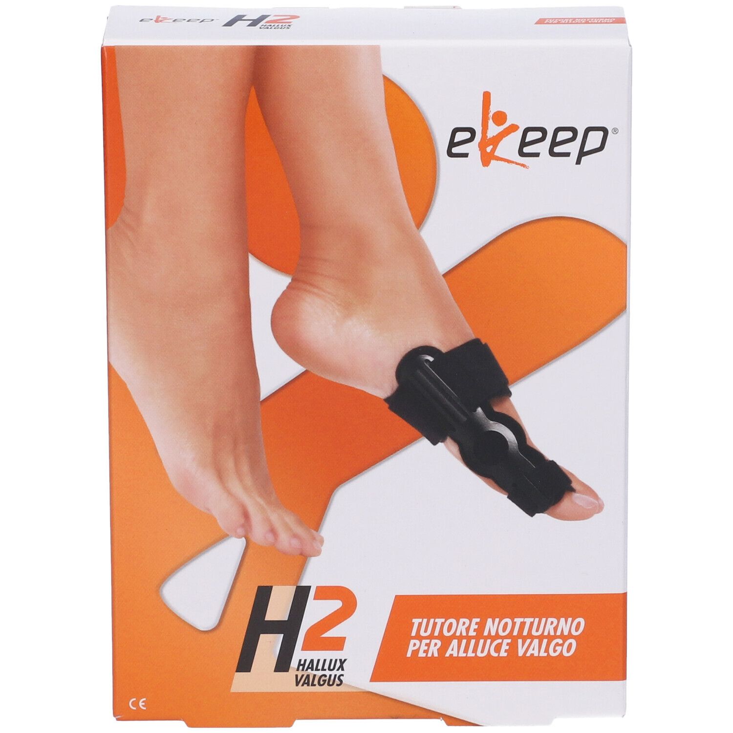 Confezione Ekeep H2 Hallux Valgus Tutore Notturno. È raffigurato un piede con il prodotto.