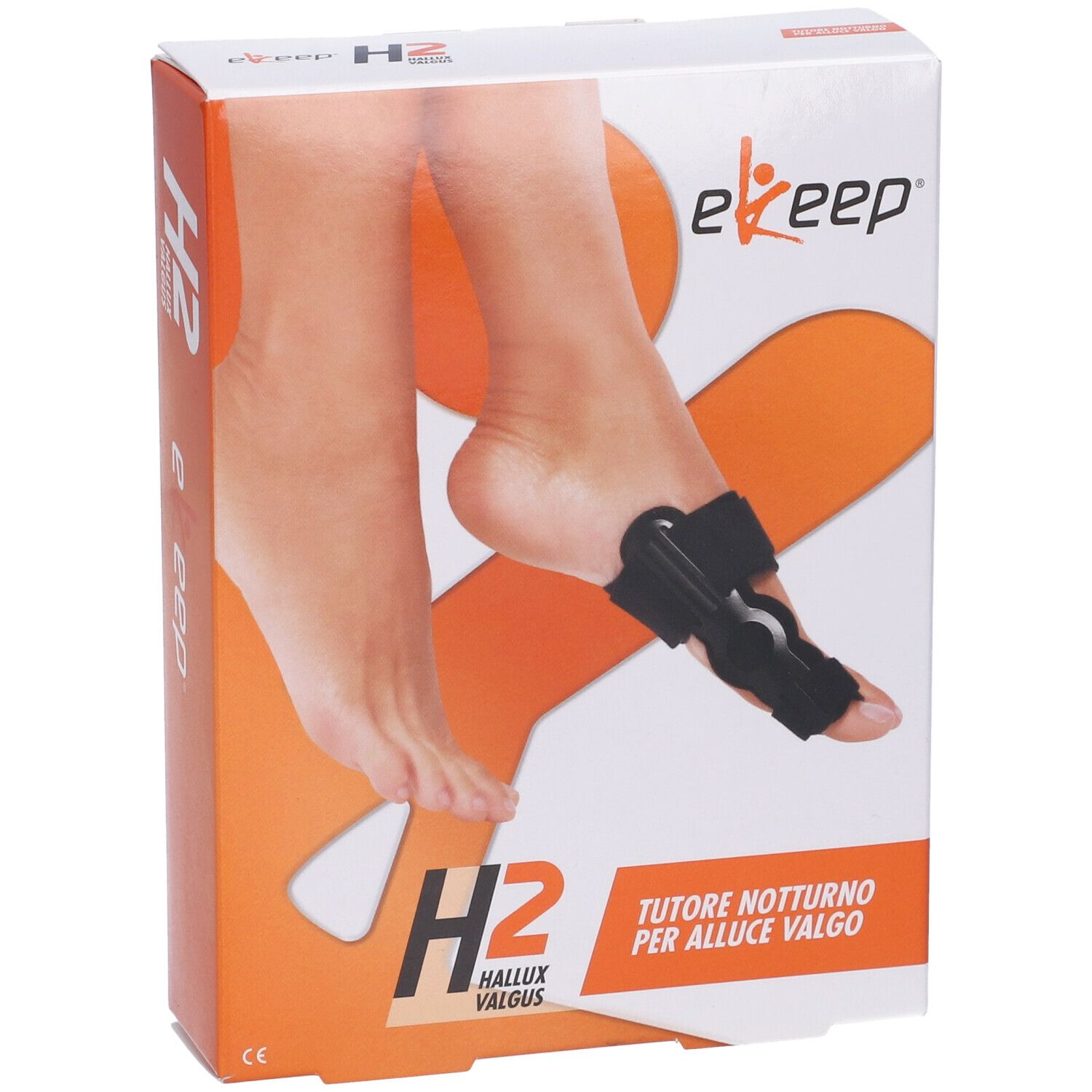 Confezione Ekeep H2 Hallux Valgus Tutore Notturno. È raffigurato un piede con il prodotto.