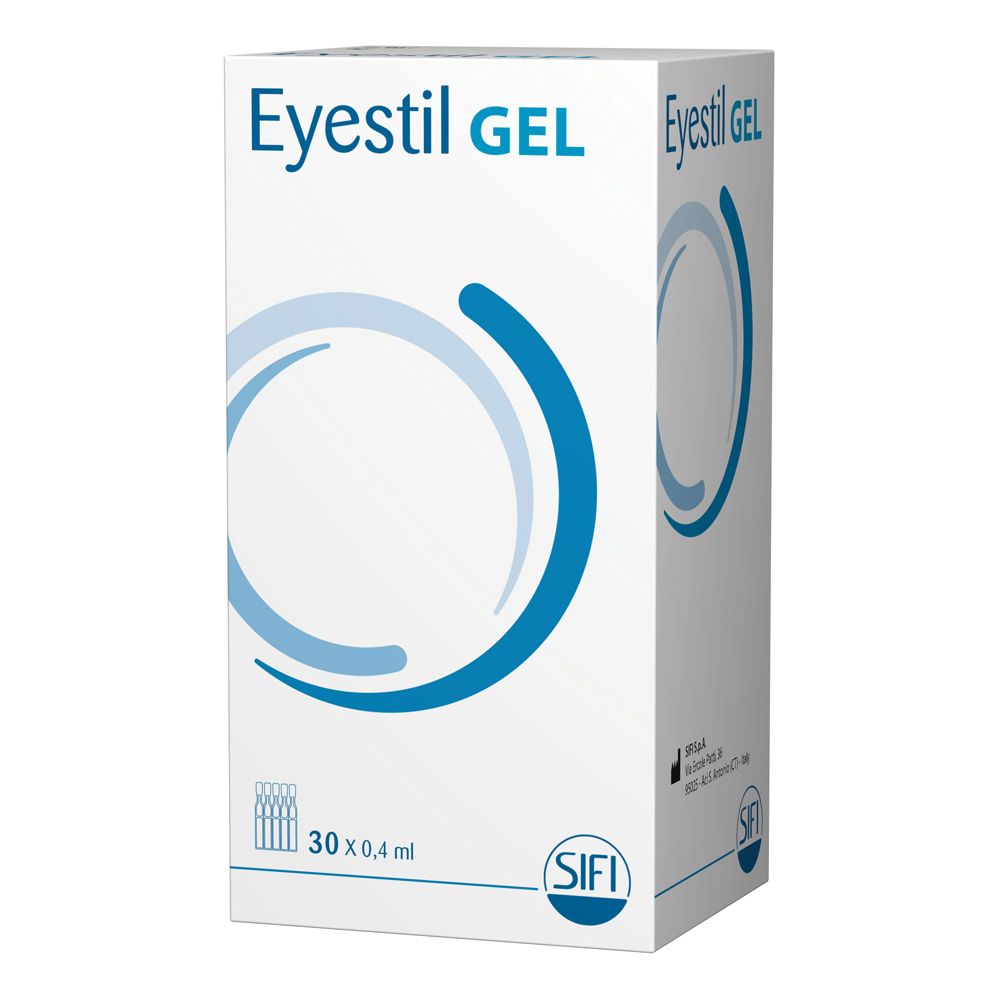 Scatola bianca con cerchio blu e scritta Eyestil GEL. Contiene 30 contenitori monodose.