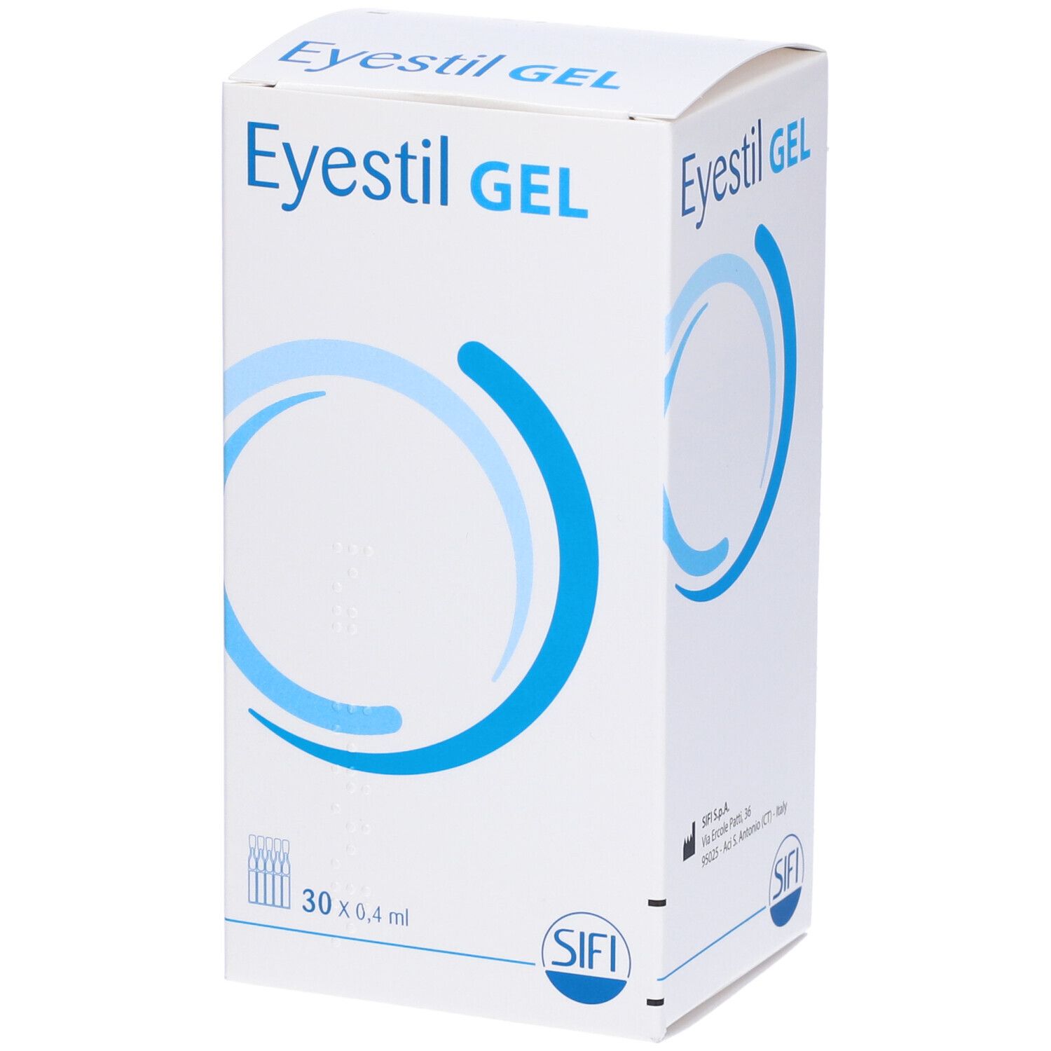 Scatola bianca con cerchio blu e scritta Eyestil GEL. Contiene 30 contenitori monodose.