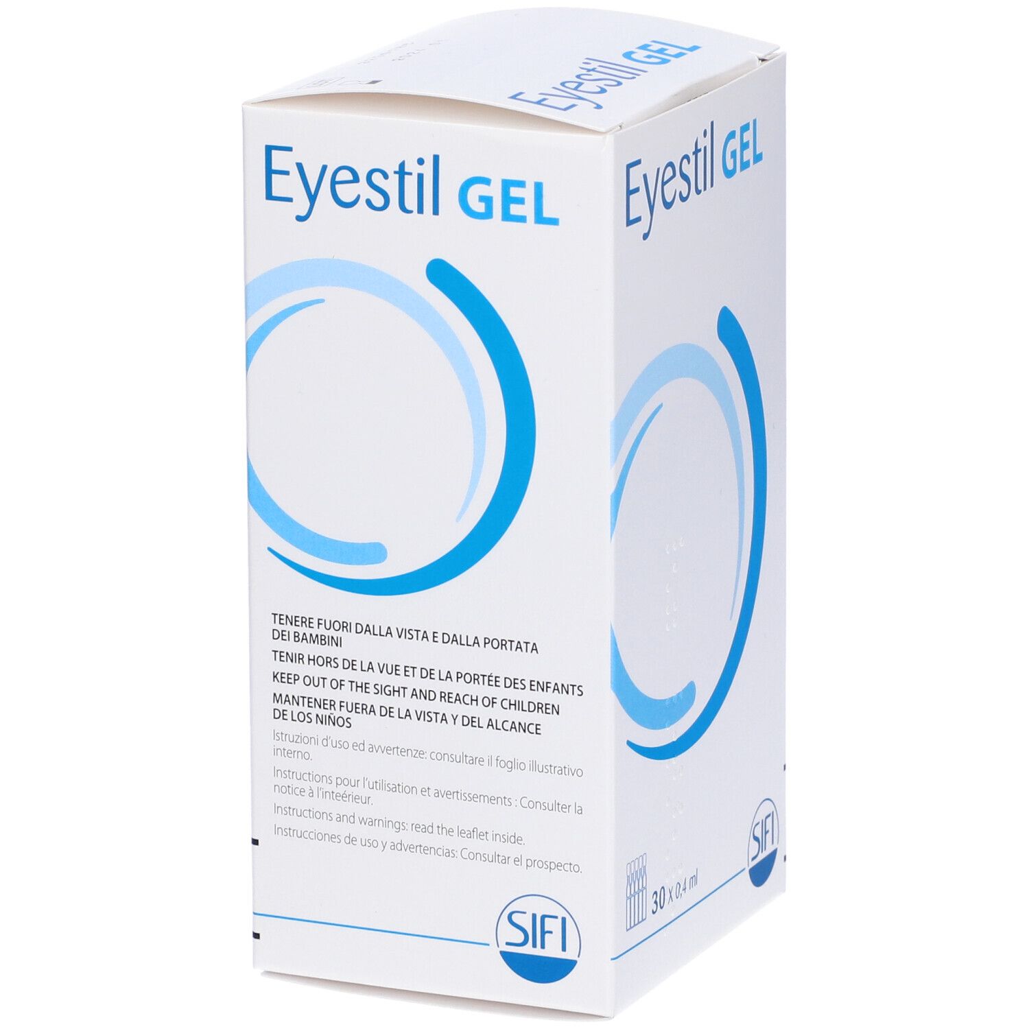Scatola bianca con cerchio blu e scritta Eyestil GEL. Contiene 30 contenitori monodose. Testo multilingue.