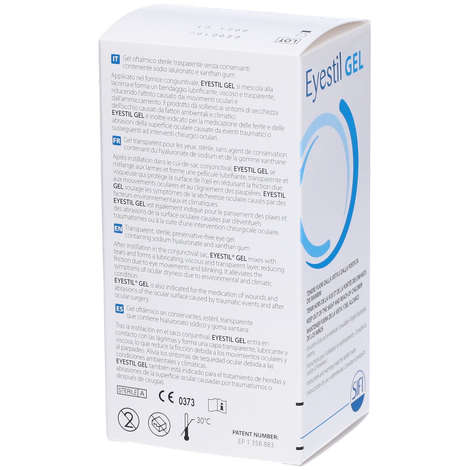Retro di una scatola bianca con testo multilingue. Contiene informazioni sul prodotto Eyestil GEL.