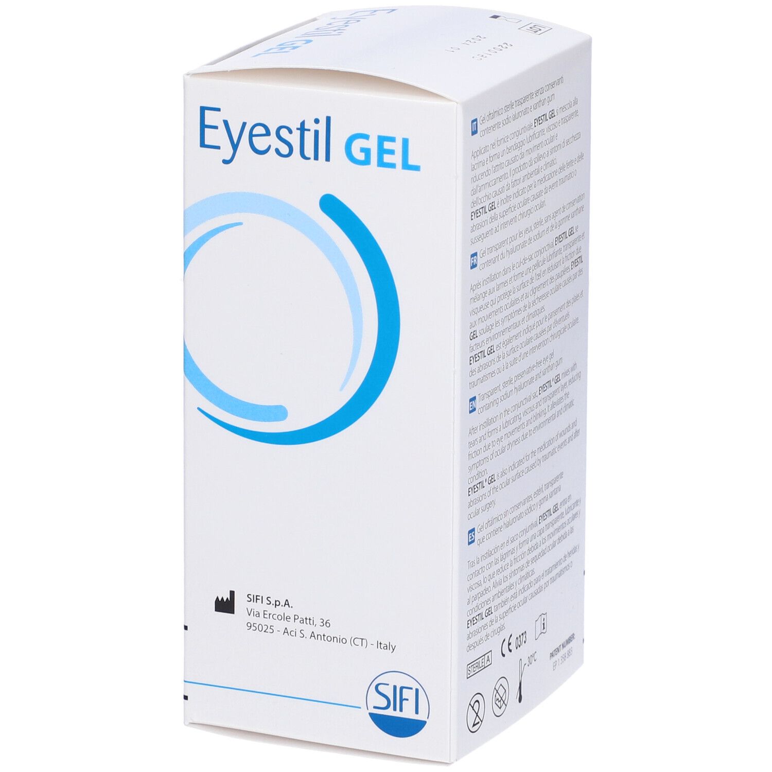 Scatola bianca con cerchio blu e scritta Eyestil GEL. Contiene 30 contenitori monodose. Con logo aziendale.