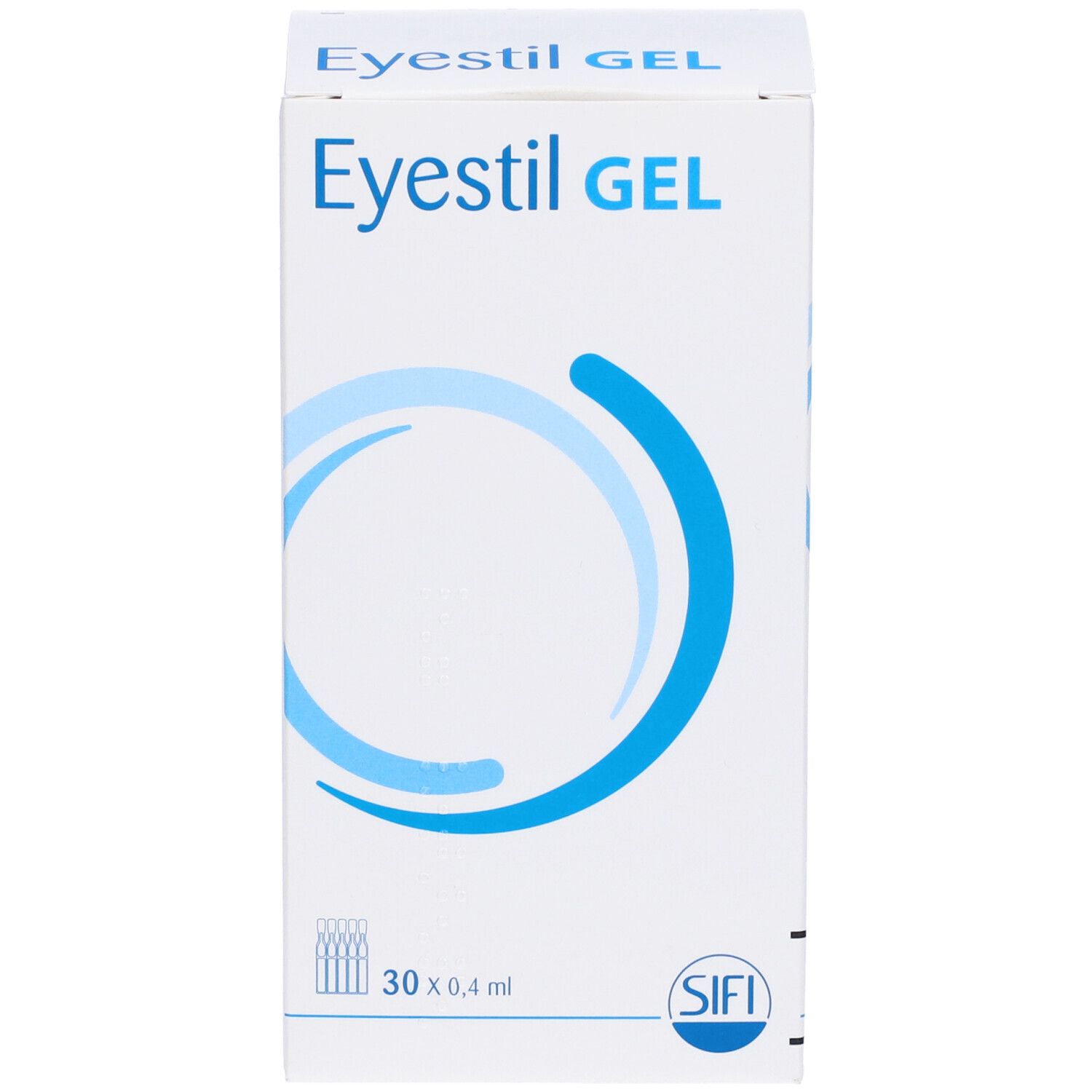 Scatola bianca con cerchio blu e scritta Eyestil GEL. Contiene 30 contenitori monodose.