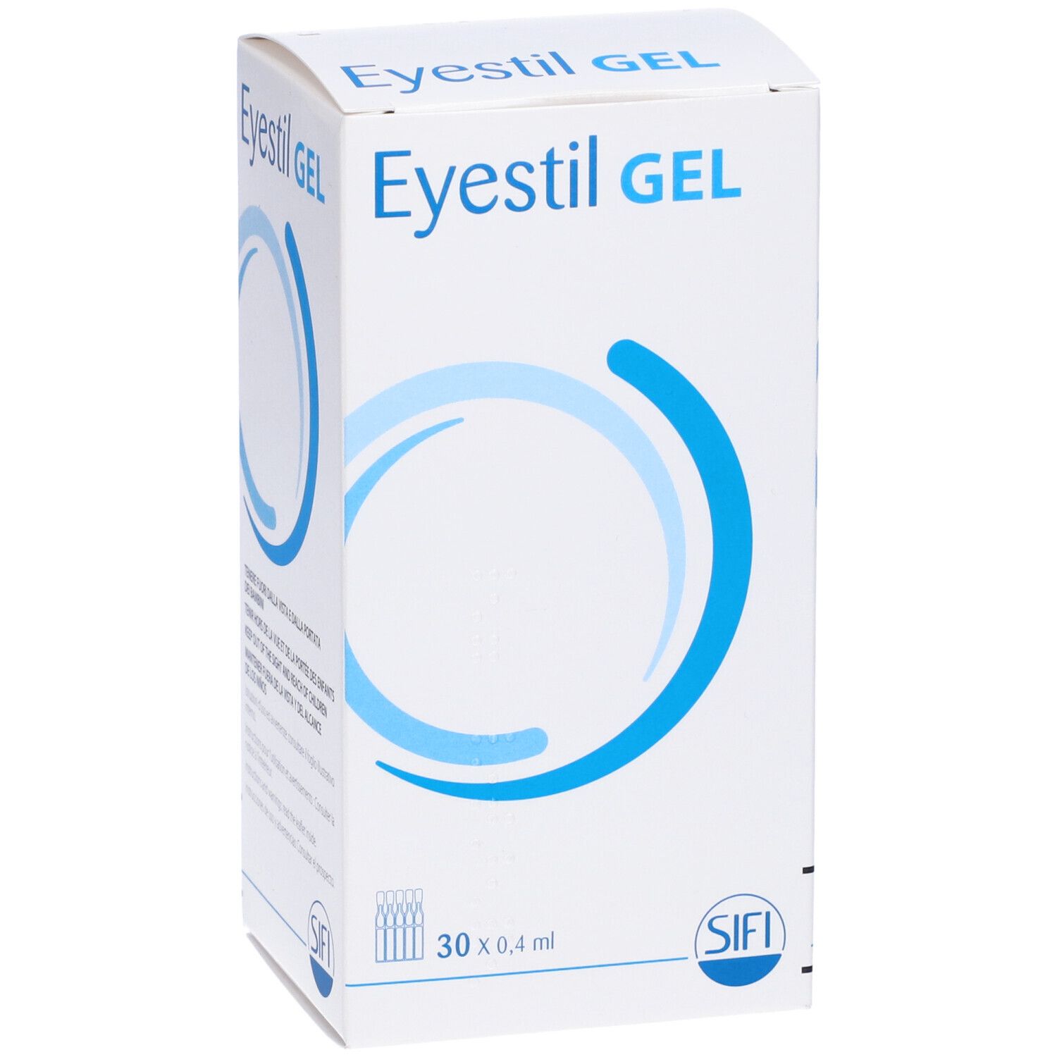 Scatola bianca con cerchio blu e scritta Eyestil GEL. Contiene 30 contenitori monodose.