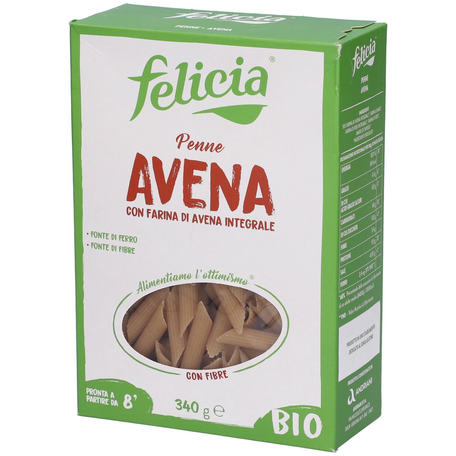 Confezione Felicia Penne Avena. Pasta penne all'avena. Certificazione bio, 340g. Finestra con pasta.