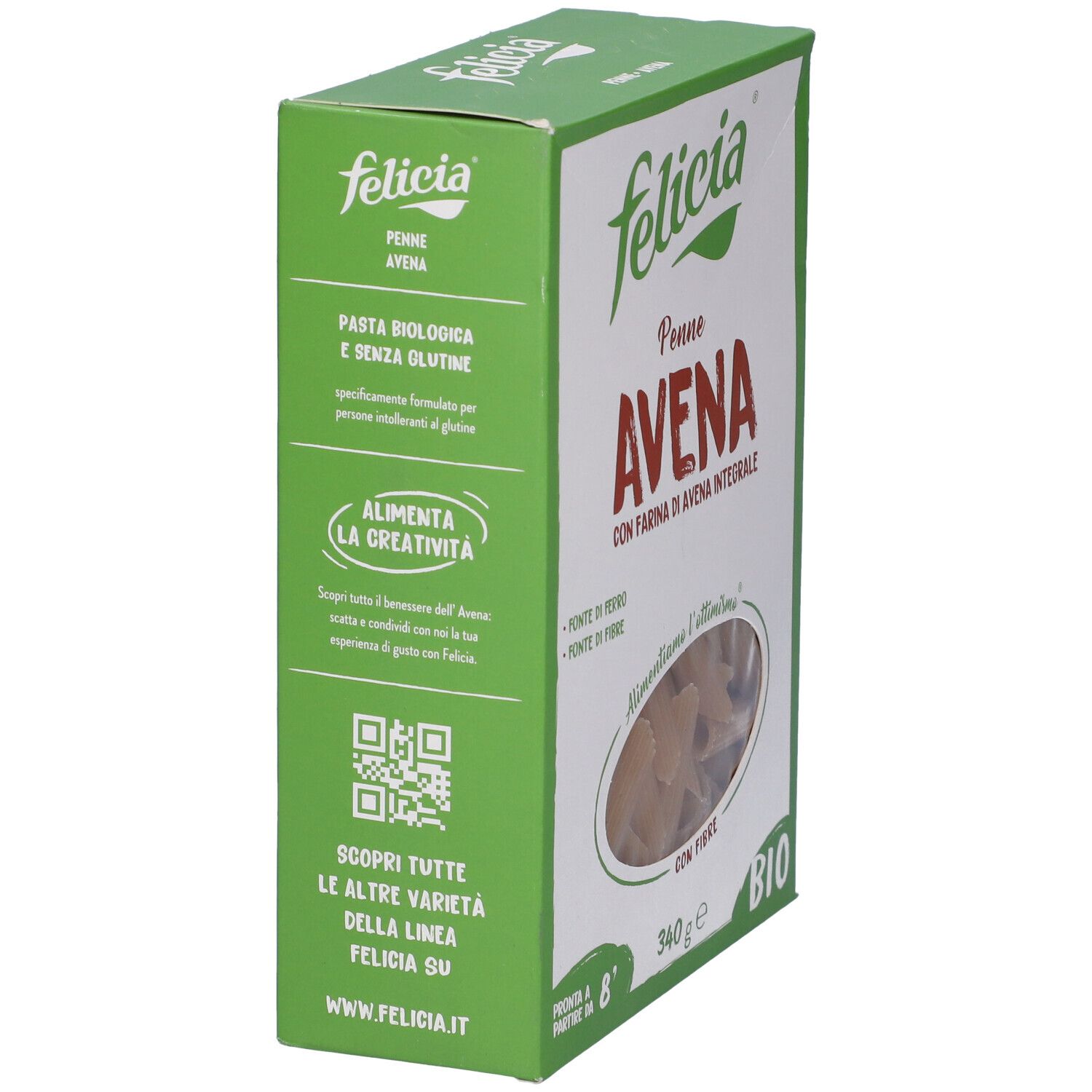 Confezione Felicia Penne Avena. Pasta penne all'avena. Certificazione bio, 340g. Vista laterale.