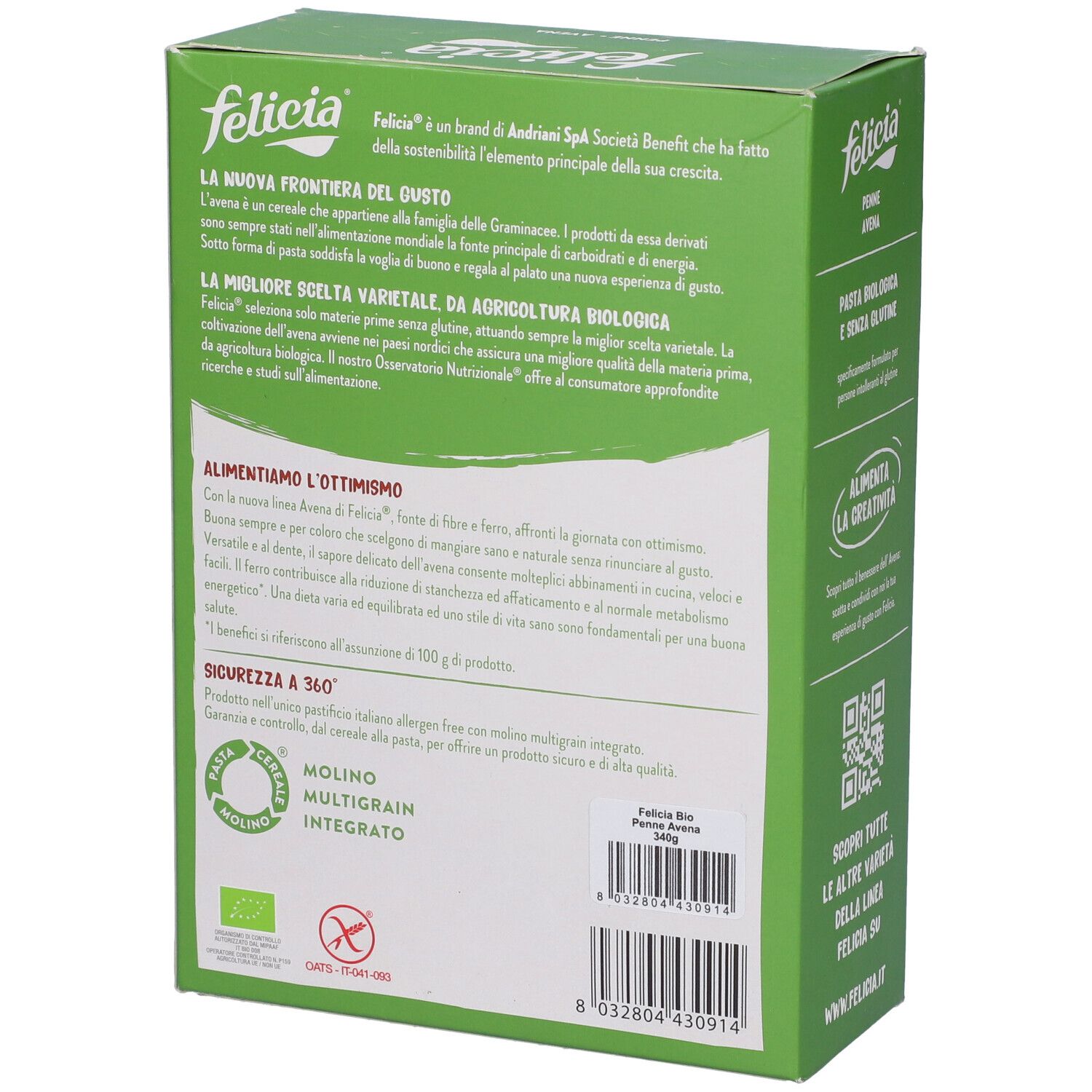 Retro confezione Felicia Penne Avena. Testo sul marchio, ingredienti e valori nutrizionali.