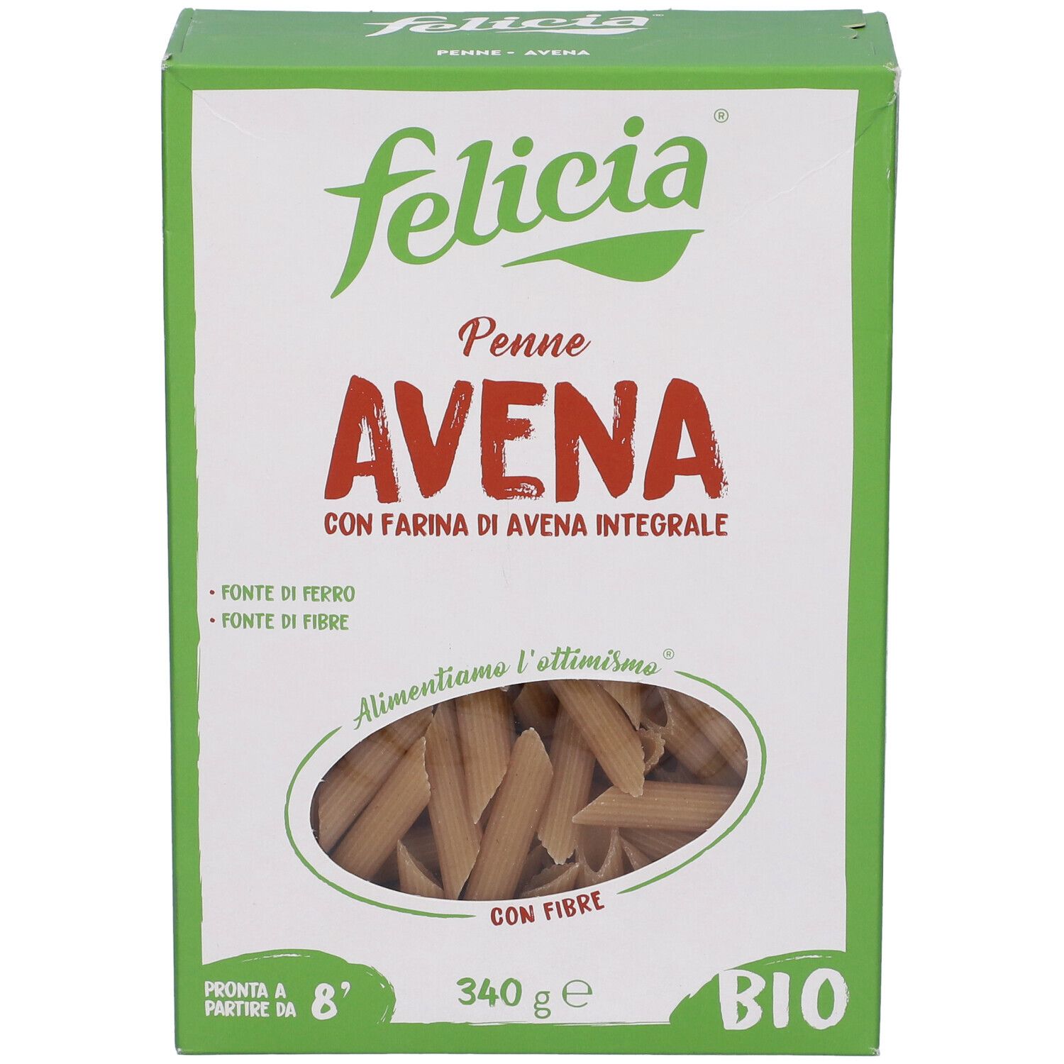 Confezione Felicia Penne Avena. Pasta penne all'avena. Certificazione bio, 340g. Finestra.