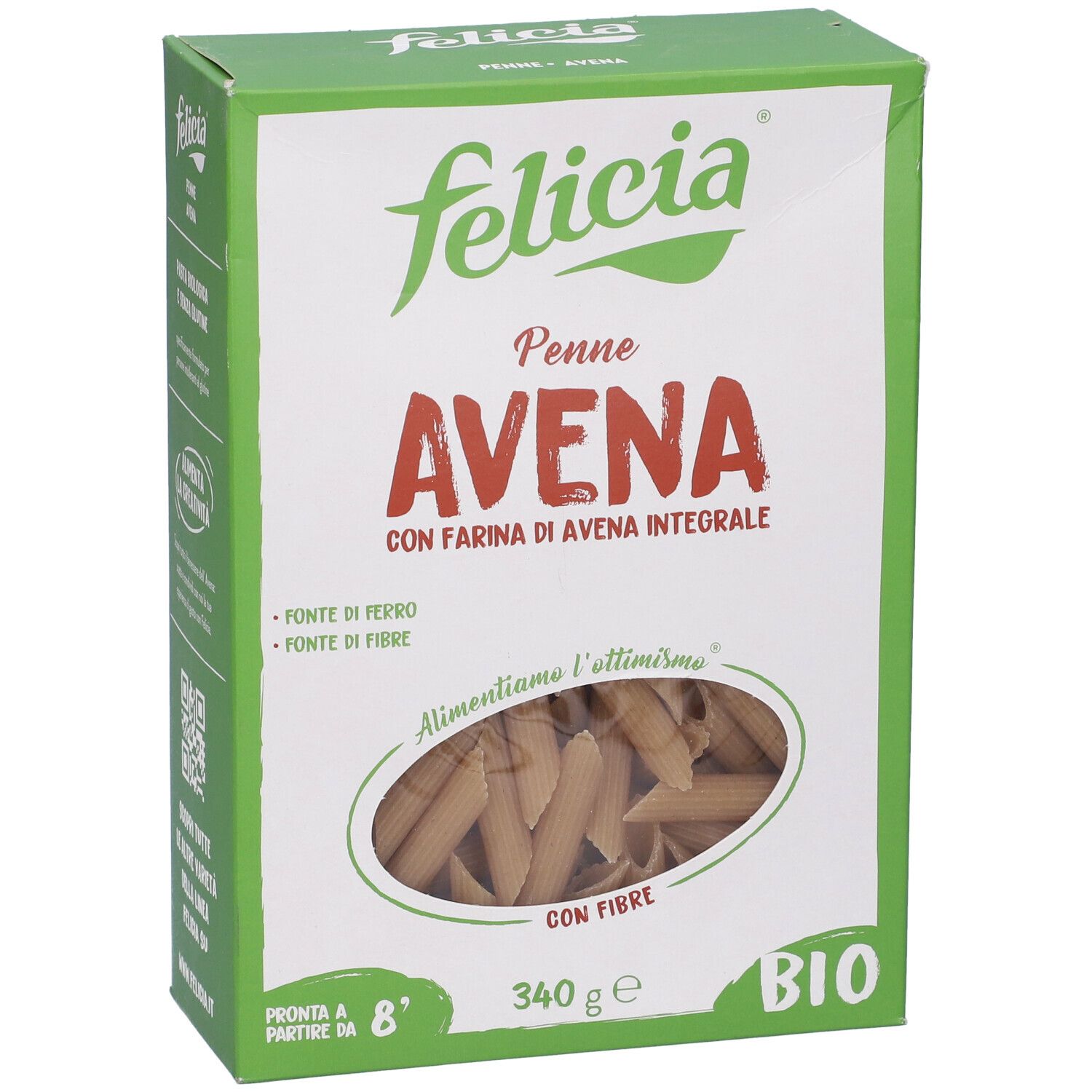 Confezione Felicia Penne Avena. Pasta penne all'avena. Certificazione bio, 340g. Vista.