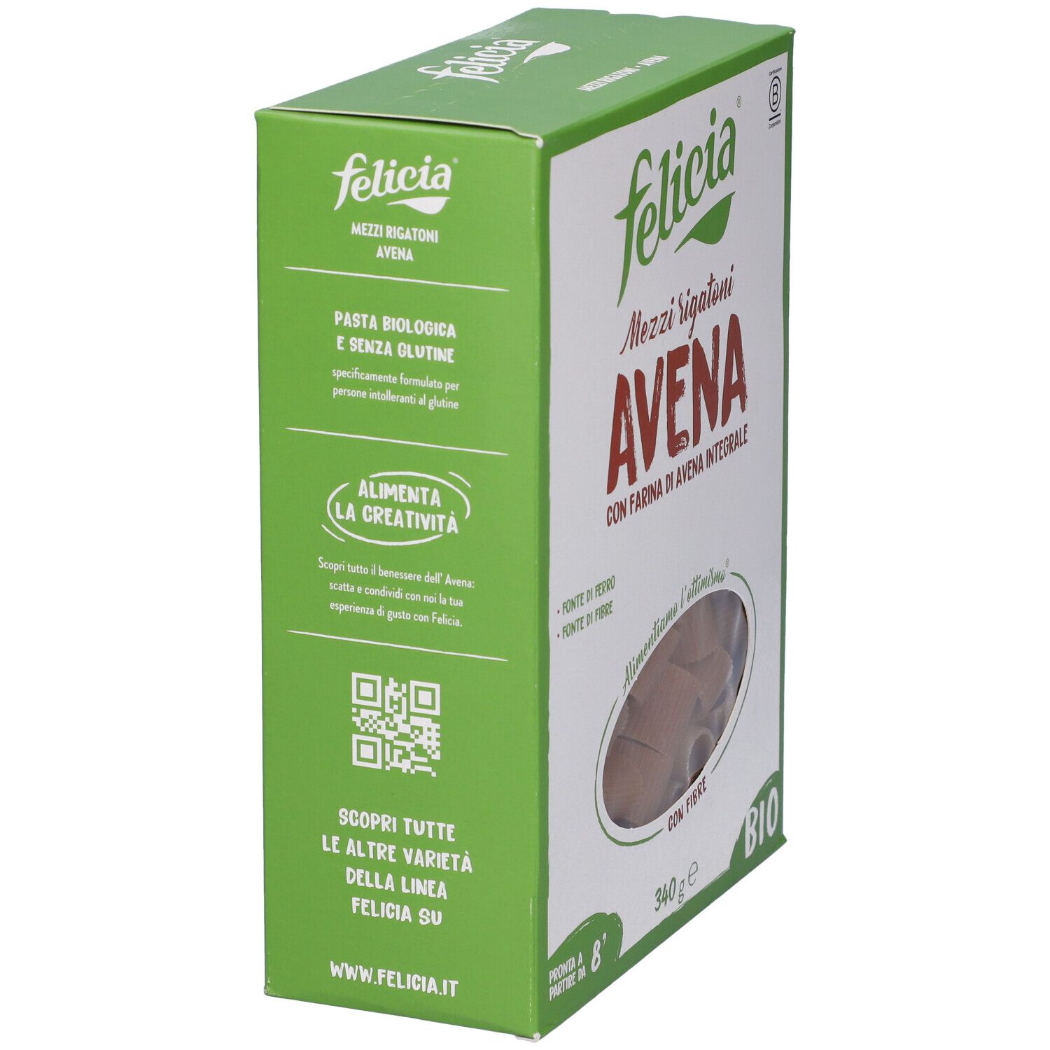 Scatola Felicia Mezzi Rigatoni Avena Bio. Lato verde con informazioni e QR code. Certificazione bio. Senza glutine.