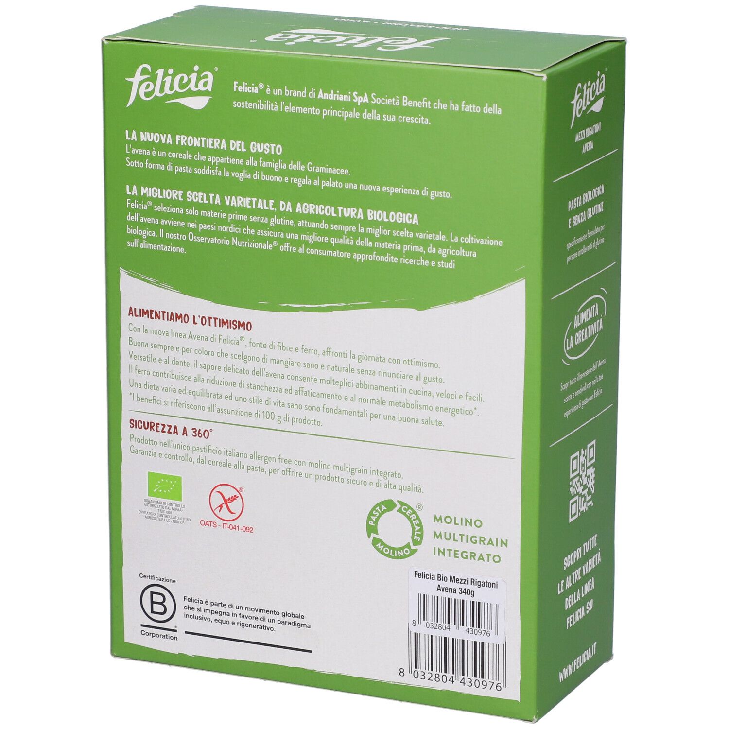 Retro scatola Felicia Mezzi Rigatoni Avena Bio. Testo sul prodotto e certificazione bio. Senza glutine.