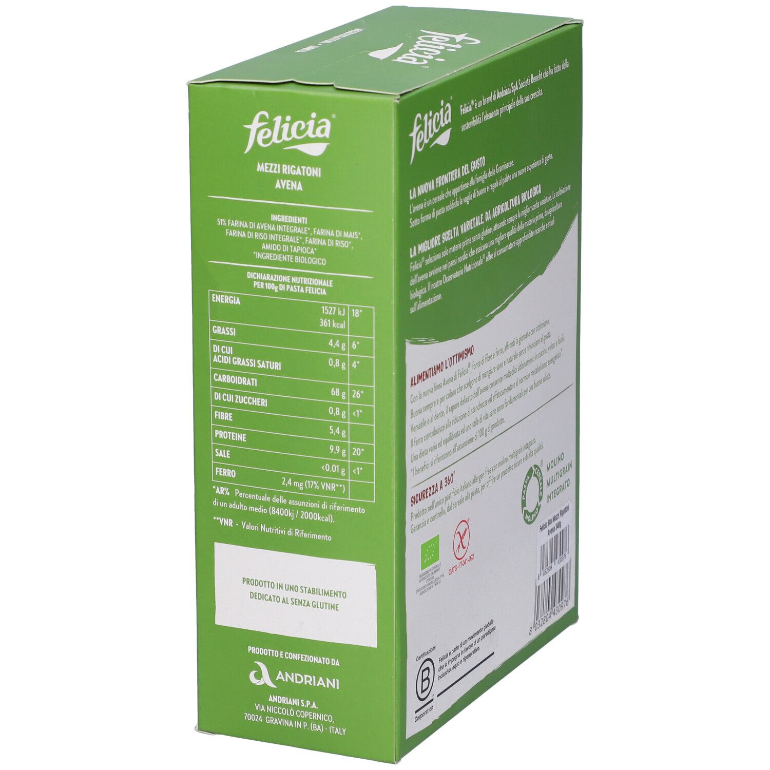 Lato scatola Felicia Mezzi Rigatoni Avena Bio. Informazioni nutrizionali e certificazione bio. Senza glutine.