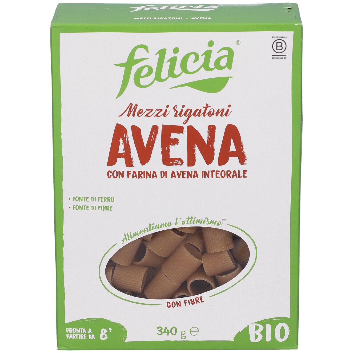 Confezione Felicia Mezzi Rigatoni Avena Bio. Scatola verde con nome prodotto e pasta. Certificazione BIO visibile.