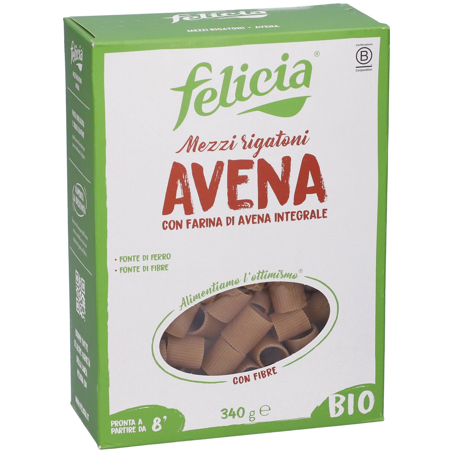 Confezione Felicia Mezzi Rigatoni Avena Bio. Scatola verde con nome prodotto e pasta. Certificazione BIO visibile.