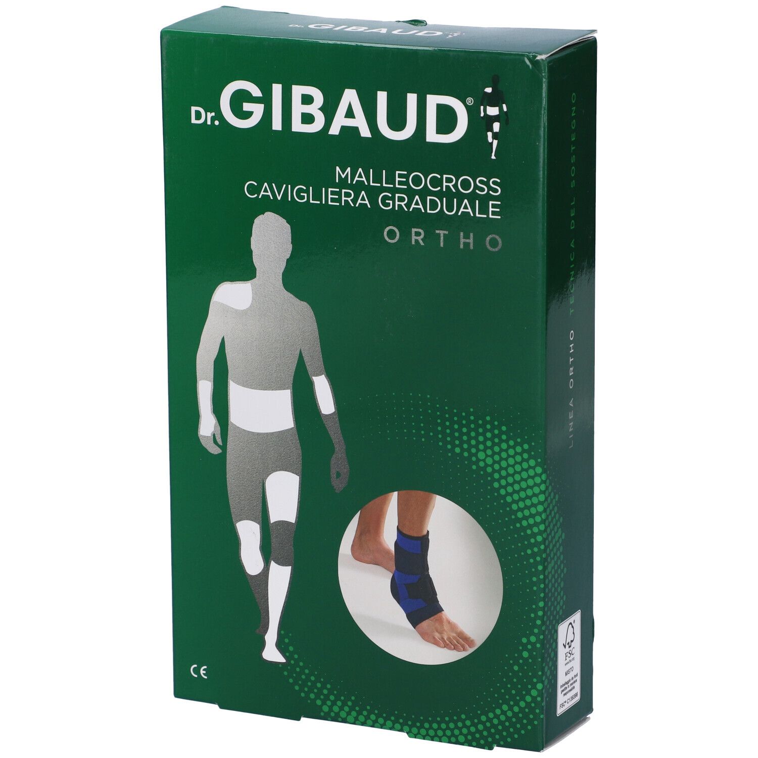 Confezione verde con immagine cavigliera. Testo: Dr. Gibaud, Malleocross, Ortho.