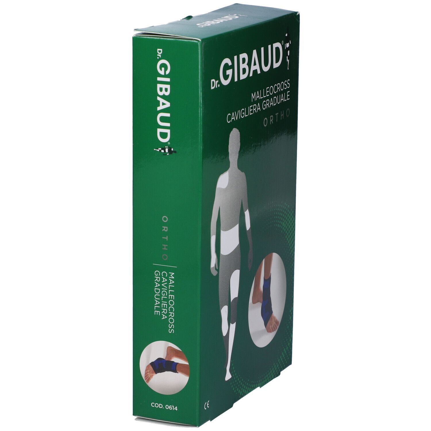 Confezione verde, vista laterale. Testo: Dr. Gibaud, Malleocross, Ortho. Immagine cavigliera.