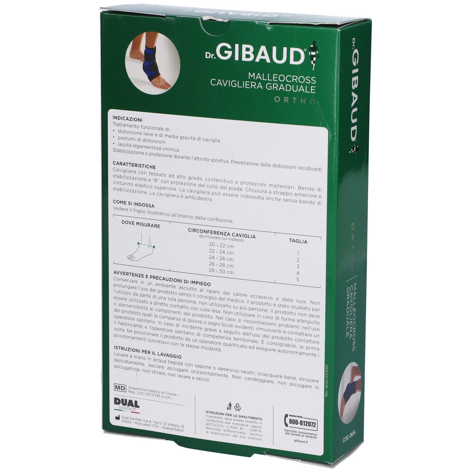 Retro della confezione verde. Testo: Dr. Gibaud, Malleocross, Ortho. Informazioni e tabella taglie.